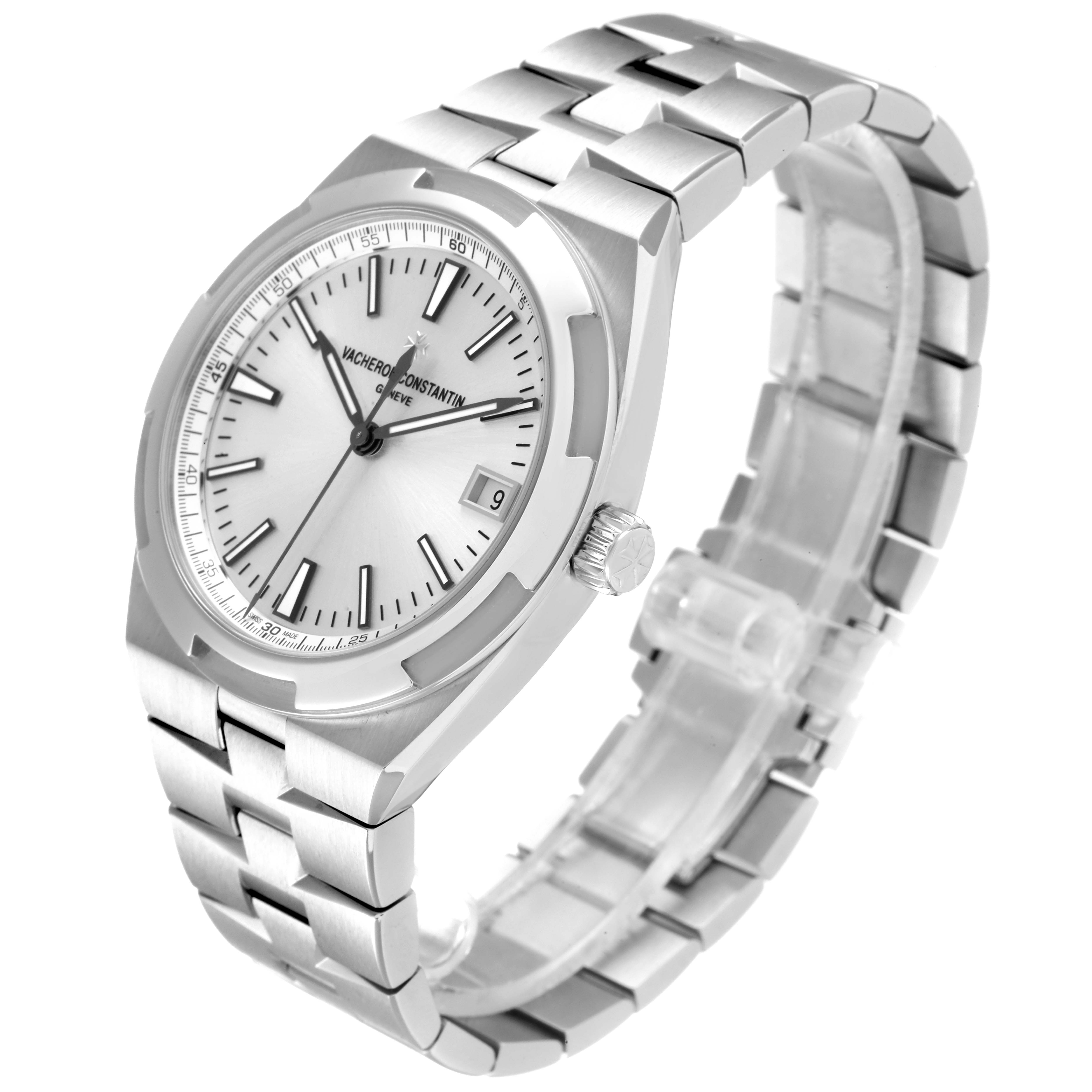 The Vacheron Constantin Overseas 4500V/110A-B126 Men's Stainless Steel Silver Dial 4500V/110A-B126 Men's Stainless Steel Silver Dial watch is shown from an angled front view, highlighting the dial, bracelet, and crown.
