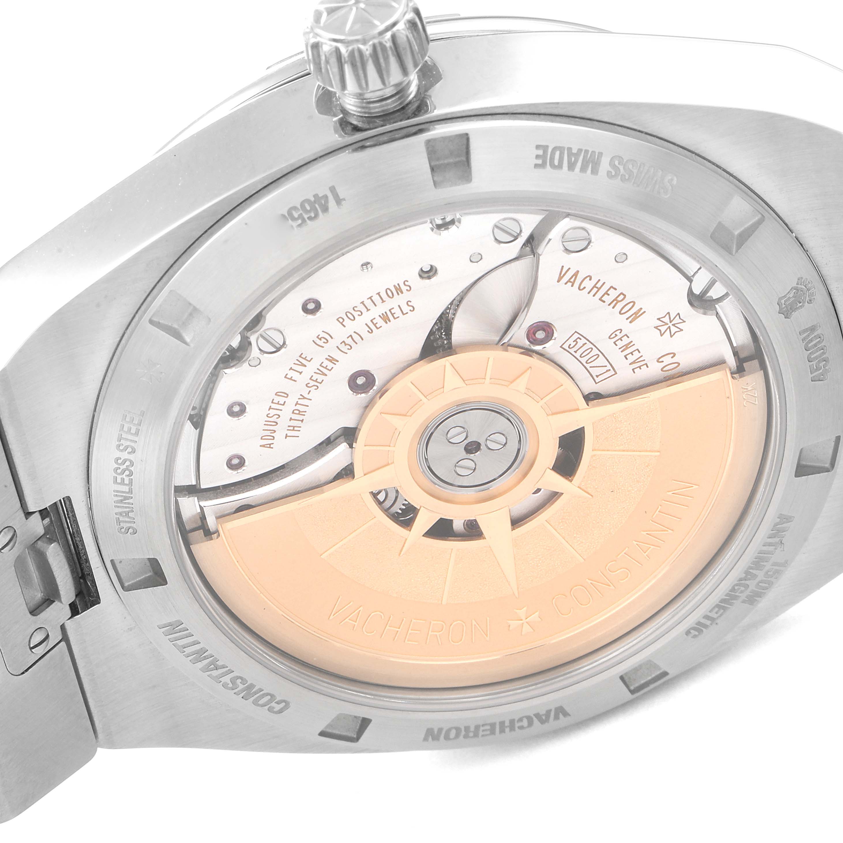 The image shows the back view of the Vacheron Constantin Overseas 4500V/110A-B126 Men's Stainless Steel Silver Dial 4500V/110A-B126 Men's Stainless Steel Silver Dial model, highlighting its movement and rotor.