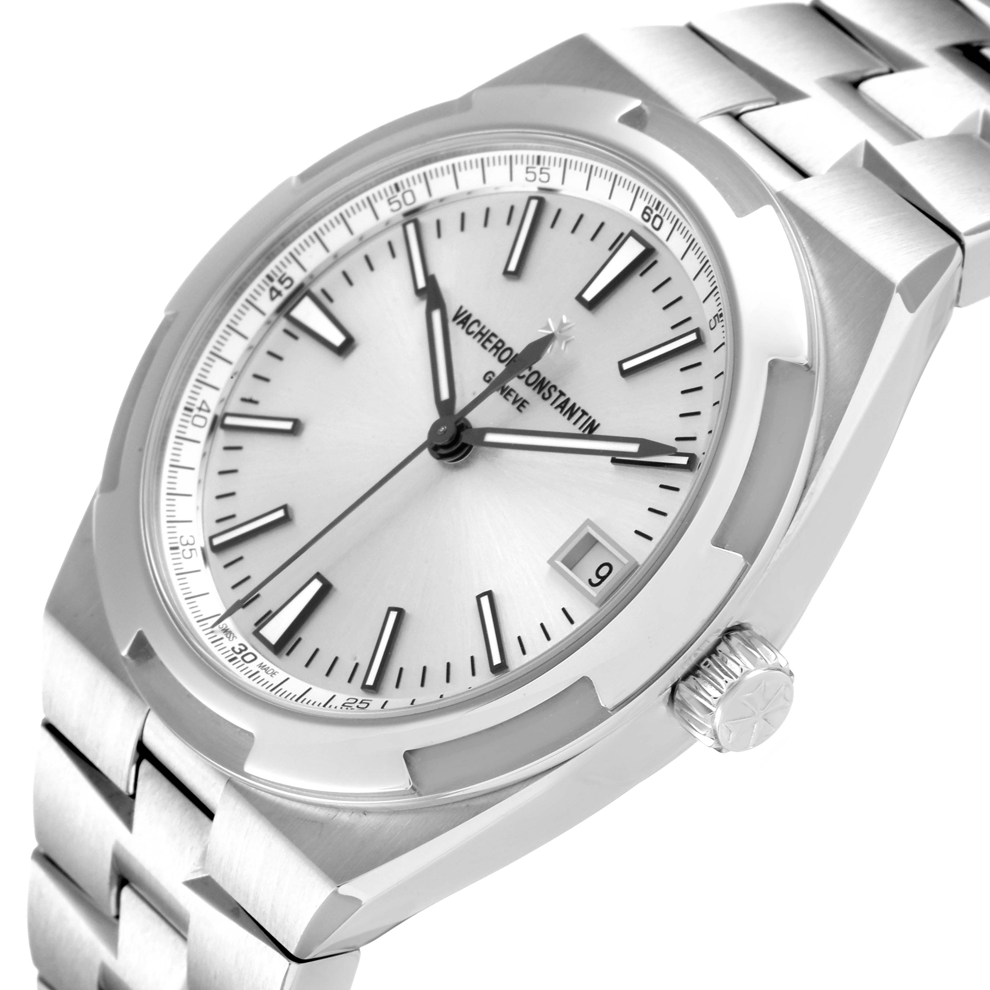 The Vacheron Constantin Overseas 4500V/110A-B126 Men's Stainless Steel Silver Dial 4500V/110A-B126 Men's Stainless Steel Silver Dial watch is shown at a slight angle highlighting the face, crown, and part of the bracelet.