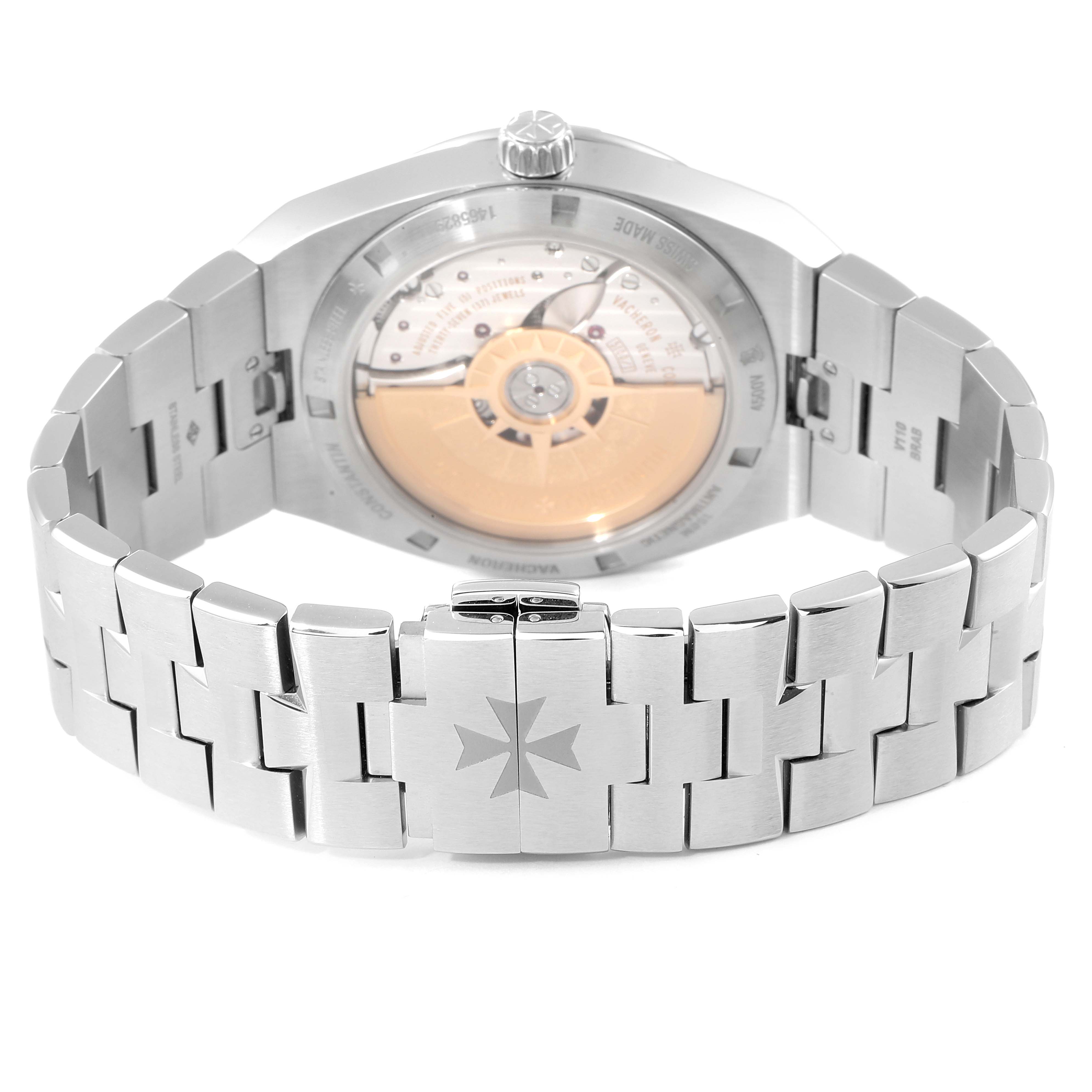 The image shows the back view of the Vacheron Constantin Overseas 4500V/110A-B126 Men's Stainless Steel Silver Dial 4500V/110A-B126 Men's Stainless Steel Silver Dial watch, highlighting its bracelet and transparent case back.