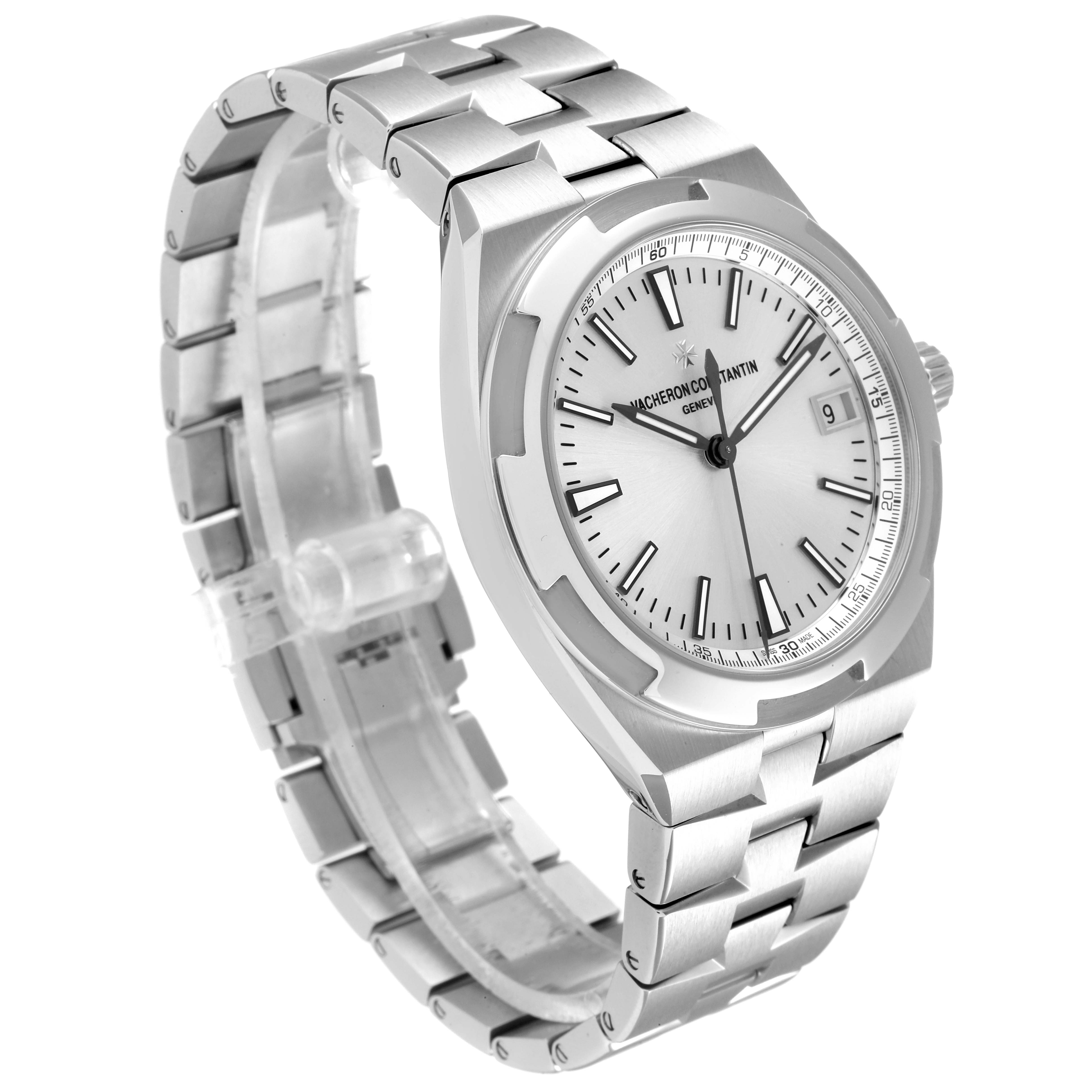 The Vacheron Constantin Overseas 4500V/110A-B126 Men's Stainless Steel Silver Dial 4500V/110A-B126 Men's Stainless Steel Silver Dial model watch is shown at a slight angle, displaying its face, bezel, bracelet, and clasp clearly.