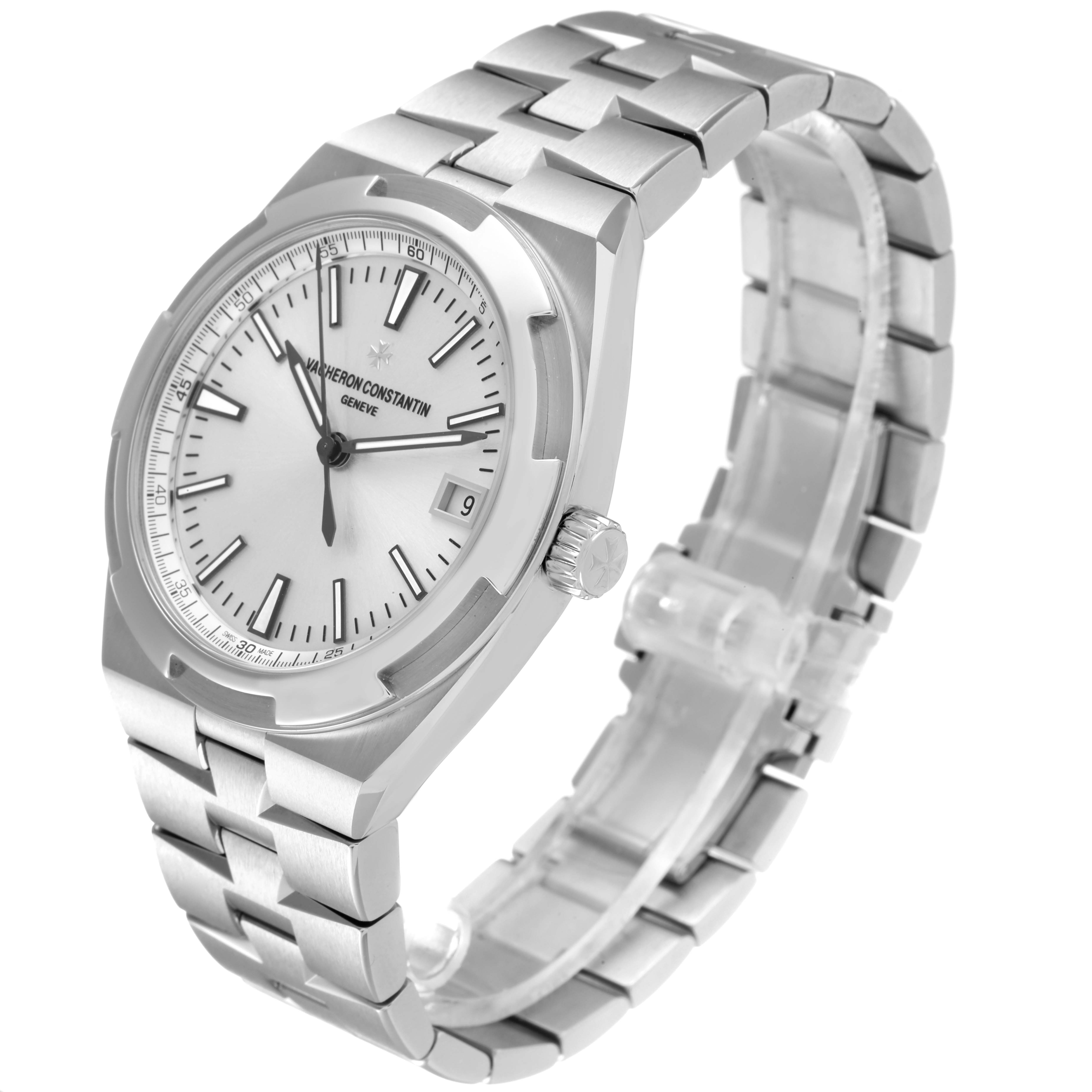 The Vacheron Constantin Overseas 4500V/110A-B126 Men
s Stainless Steel Silver Dial 4500V/110A-B126 Men
s Stainless Steel Silver Dial watch is shown at a three-quarter angle emphasizing its face, crown, and bracelet.