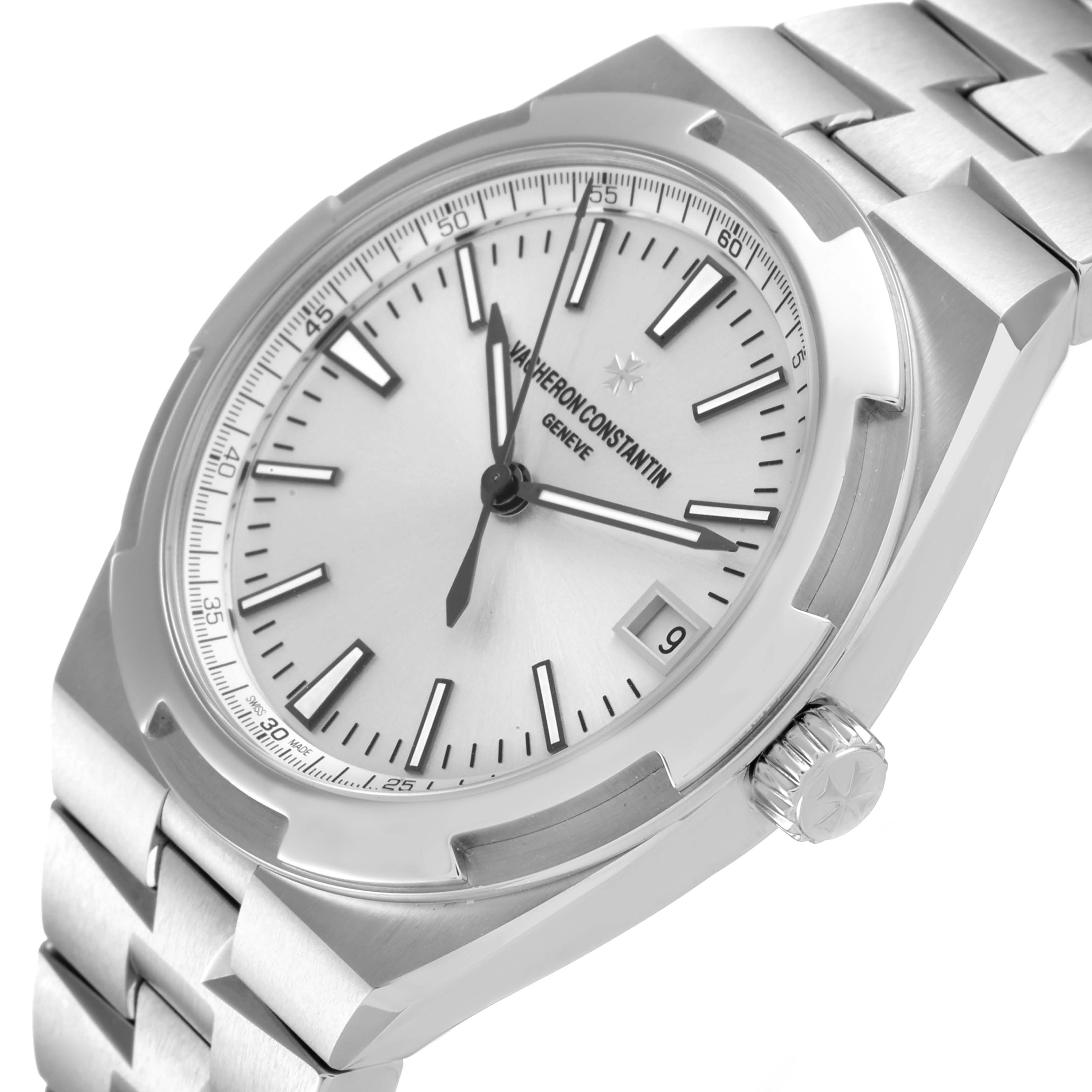 The image shows a close-up of the Vacheron Constantin Overseas 4500V/110A-B126 Men
s Stainless Steel Silver Dial 4500V/110A-B126 Men
s Stainless Steel Silver Dial watch, focusing on the dial and part of the bracelet.