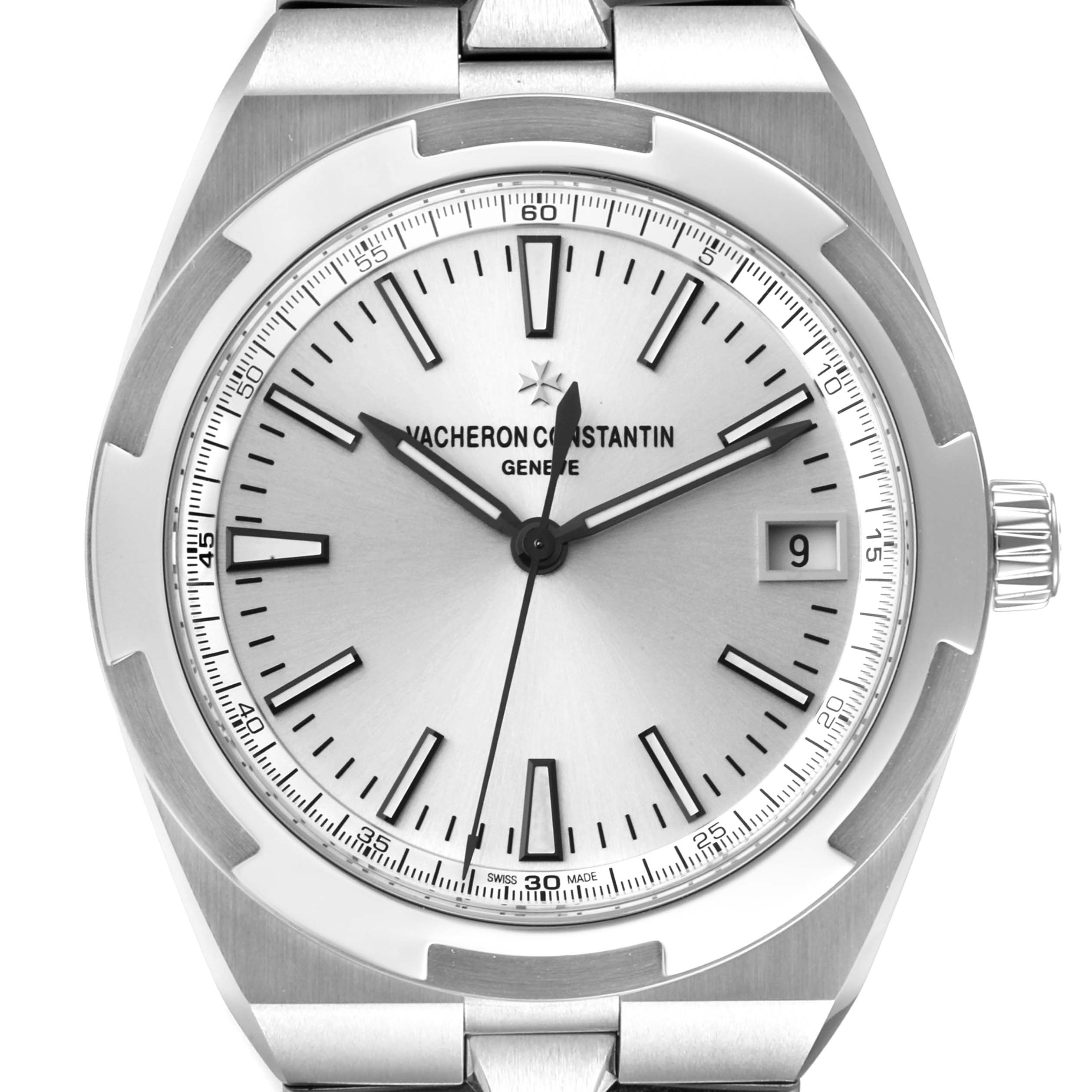 The image shows a close-up of the dial and bezel of a Vacheron Constantin Overseas 4500V/110A-B126 Men
s Stainless Steel Silver Dial 4500V/110A-B126 Men
s Stainless Steel Silver Dial model watch.