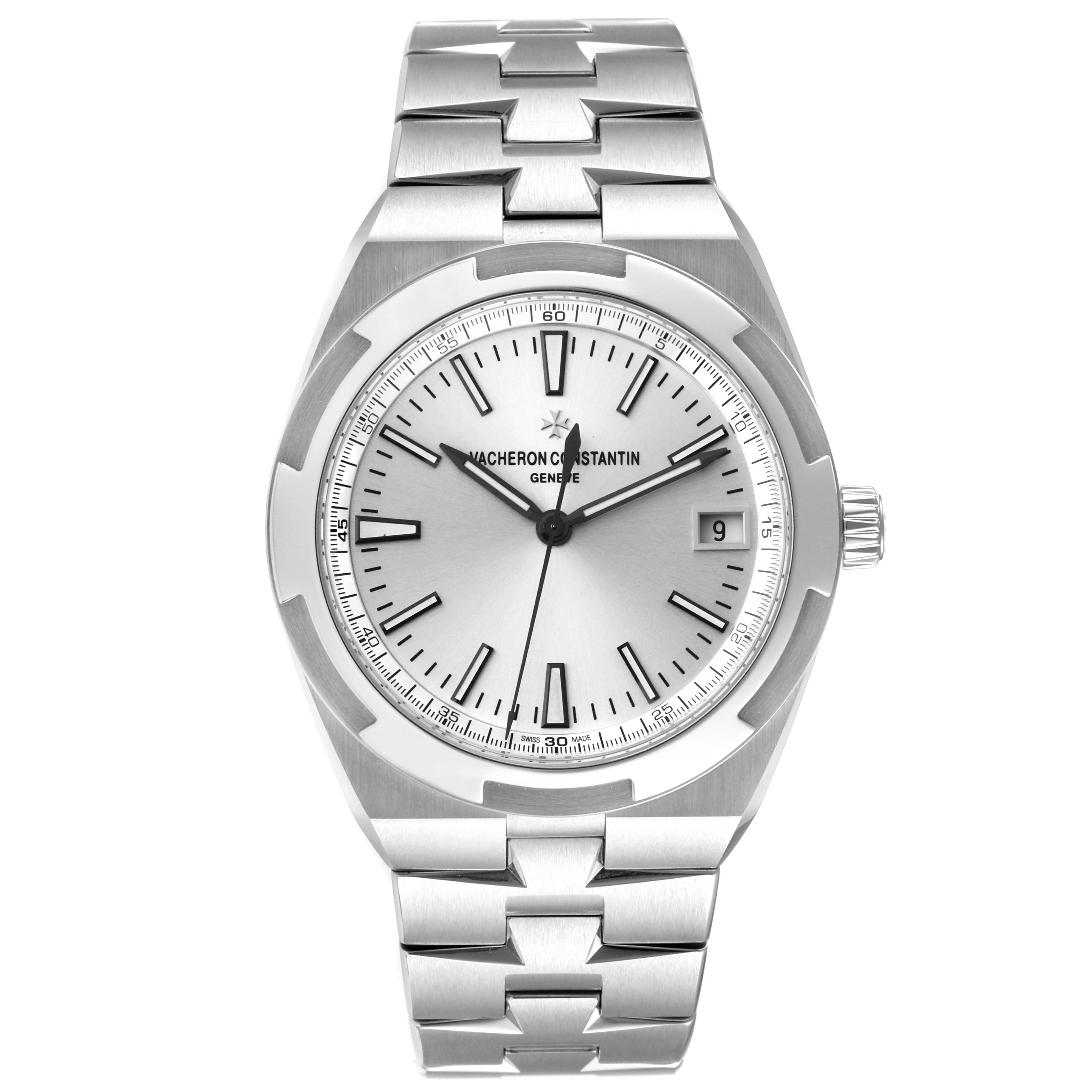 The image shows a front view of the Vacheron Constantin Overseas 4500V/110A-B126 Men
s Stainless Steel Silver Dial 4500V/110A-B126 Men
s Stainless Steel Silver Dial model watch, displaying the dial, bezel, and bracelet.