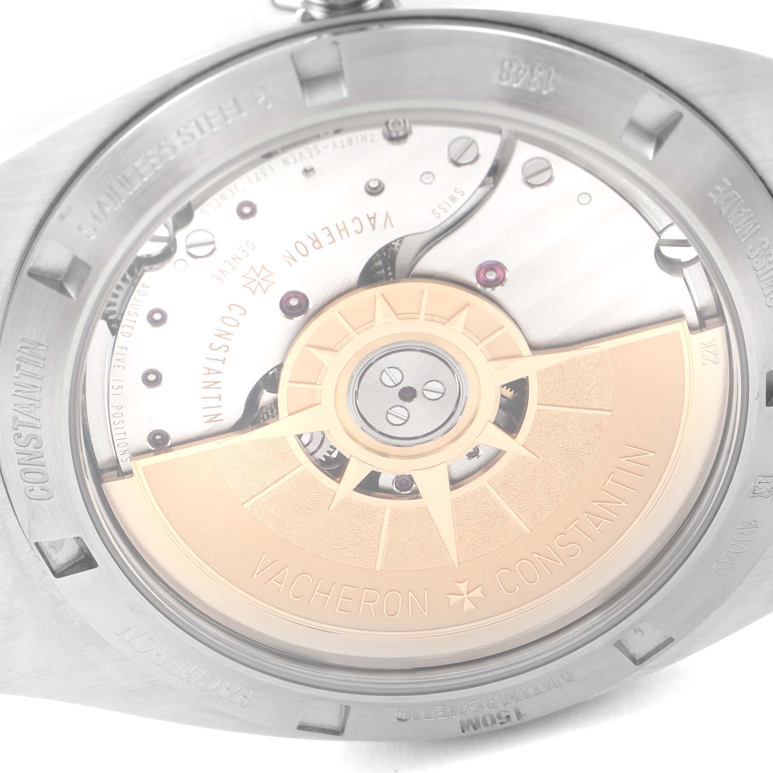 The image shows the back of the Vacheron Constantin Overseas 4500V/110A-B126 Men
s Stainless Steel Silver Dial 4500V/110A-B126 Men
s Stainless Steel Silver Dial model, highlighting its movement and rotor.