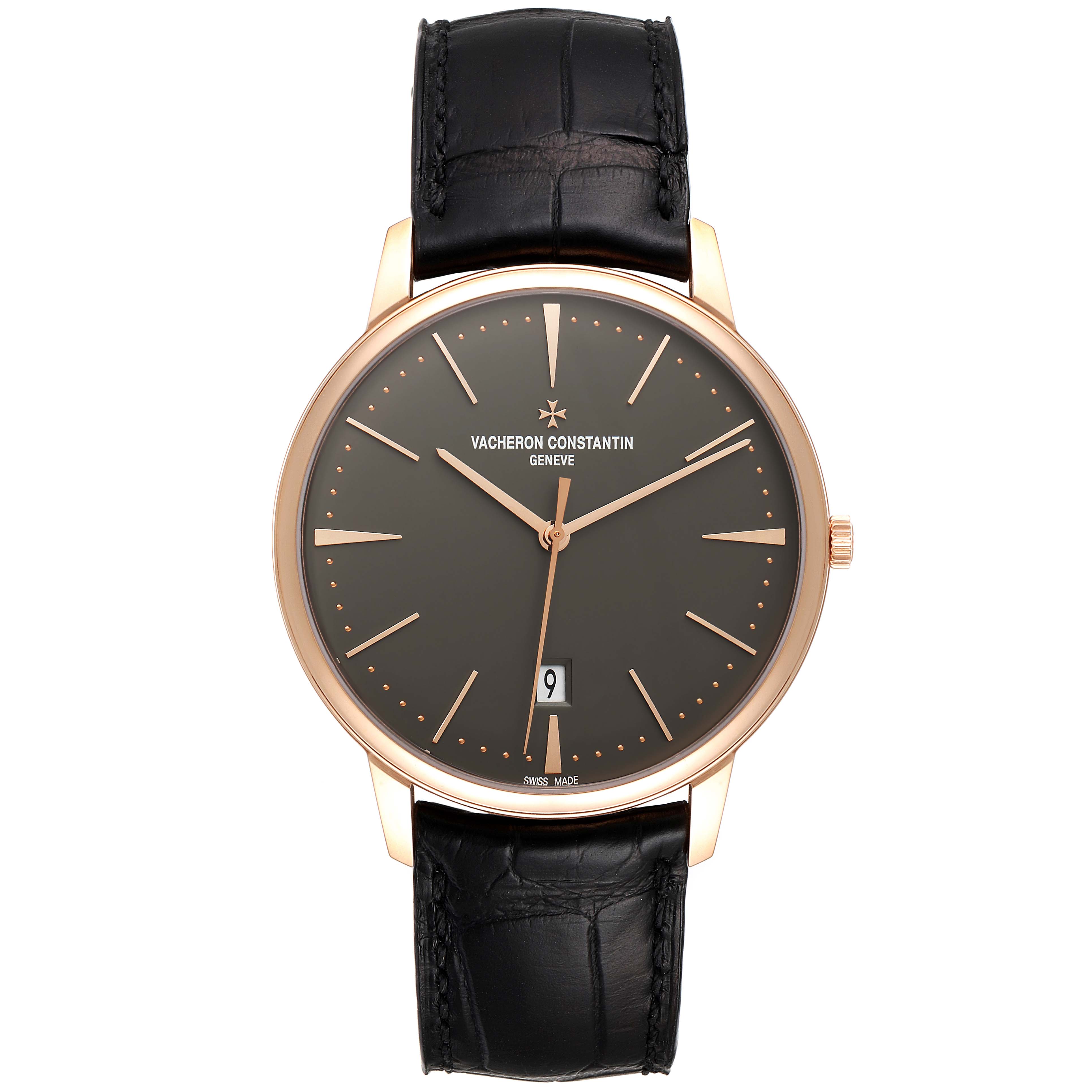 The image shows a front view of a Vacheron Constantin Patrimony 85180/000R-9166 Men's Rose Gold Grey Dial 85180/000R-9166 Men's Rose Gold Grey Dial watch, highlighting its dial, hands, and black leather strap.