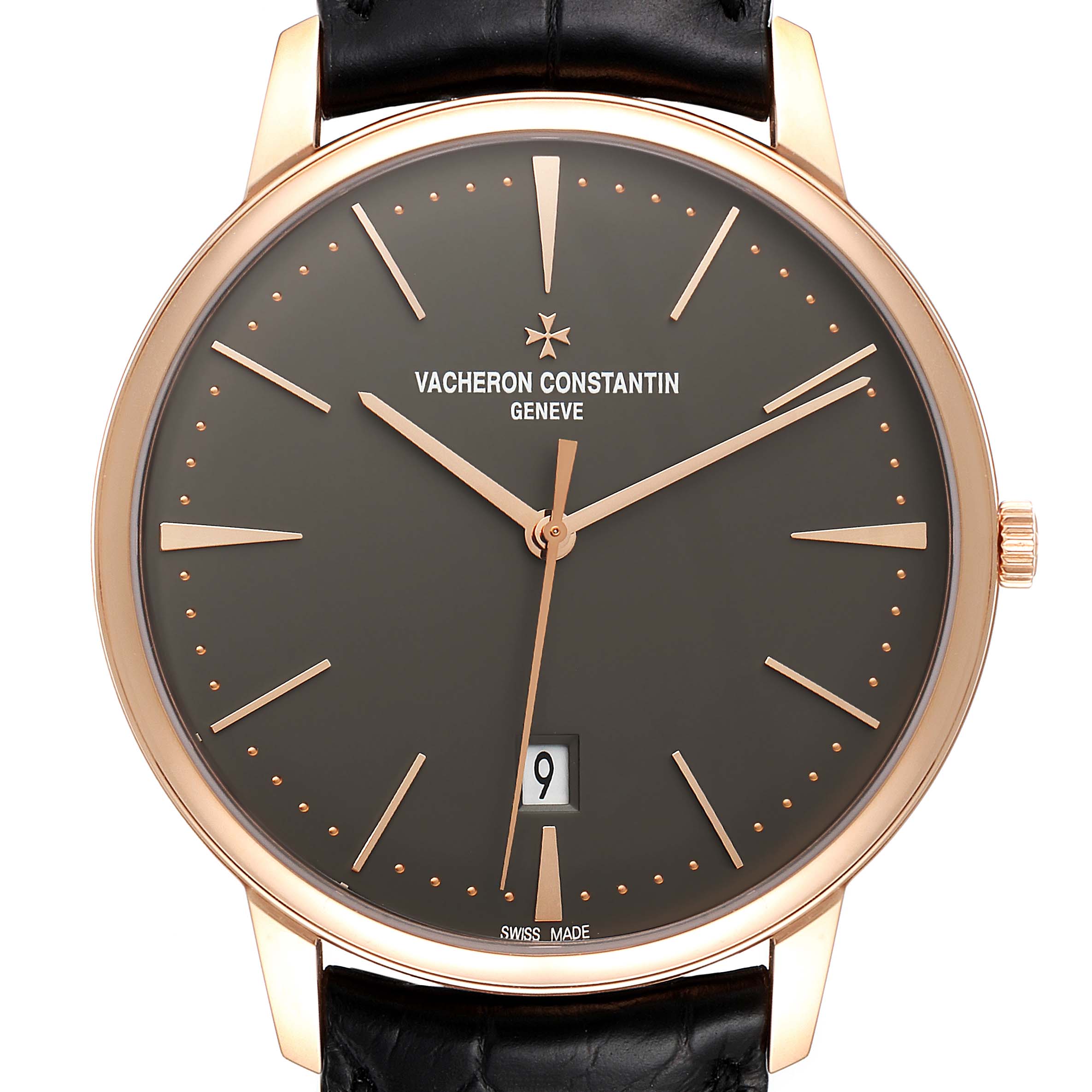 The image shows a front view of the dial, hands, and date window of a Vacheron Constantin Patrimony 85180/000R-9166 Men's Rose Gold Grey Dial 85180/000R-9166 Men's Rose Gold Grey Dial model watch.