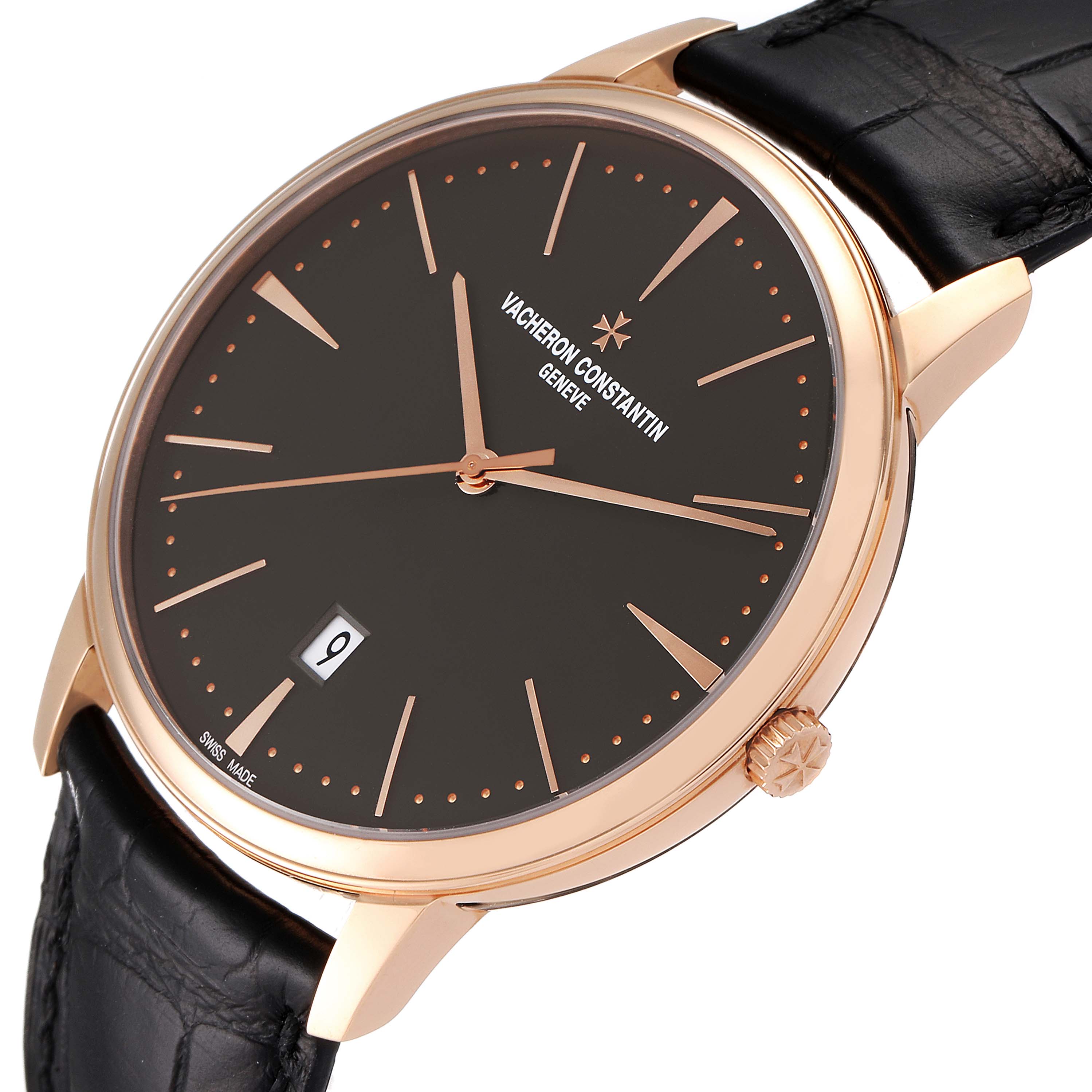 The image shows a close-up angle of the Vacheron Constantin Patrimony 85180/000R-9166 Men's Rose Gold Grey Dial 85180/000R-9166 Men's Rose Gold Grey Dial watch, highlighting the dial, crown, and leather strap.