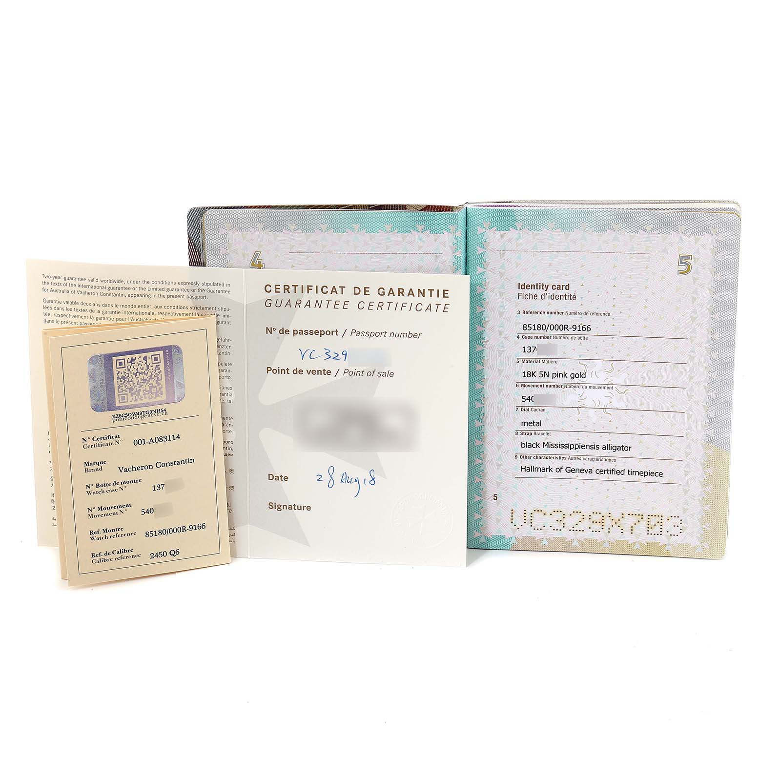 The image shows the guarantee certificate and the identity card for the Patrimony model by Vacheron Constantin.