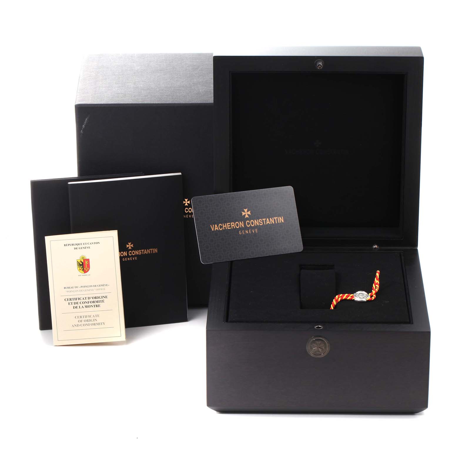 The image shows the Vacheron Constantin Patrimony 1110U/000G-B086 Men's White Gold Silver Dial 1110U/000G-B086 Men's White Gold Silver Dial watch box, warranty card, manual, and certificate of authenticity.