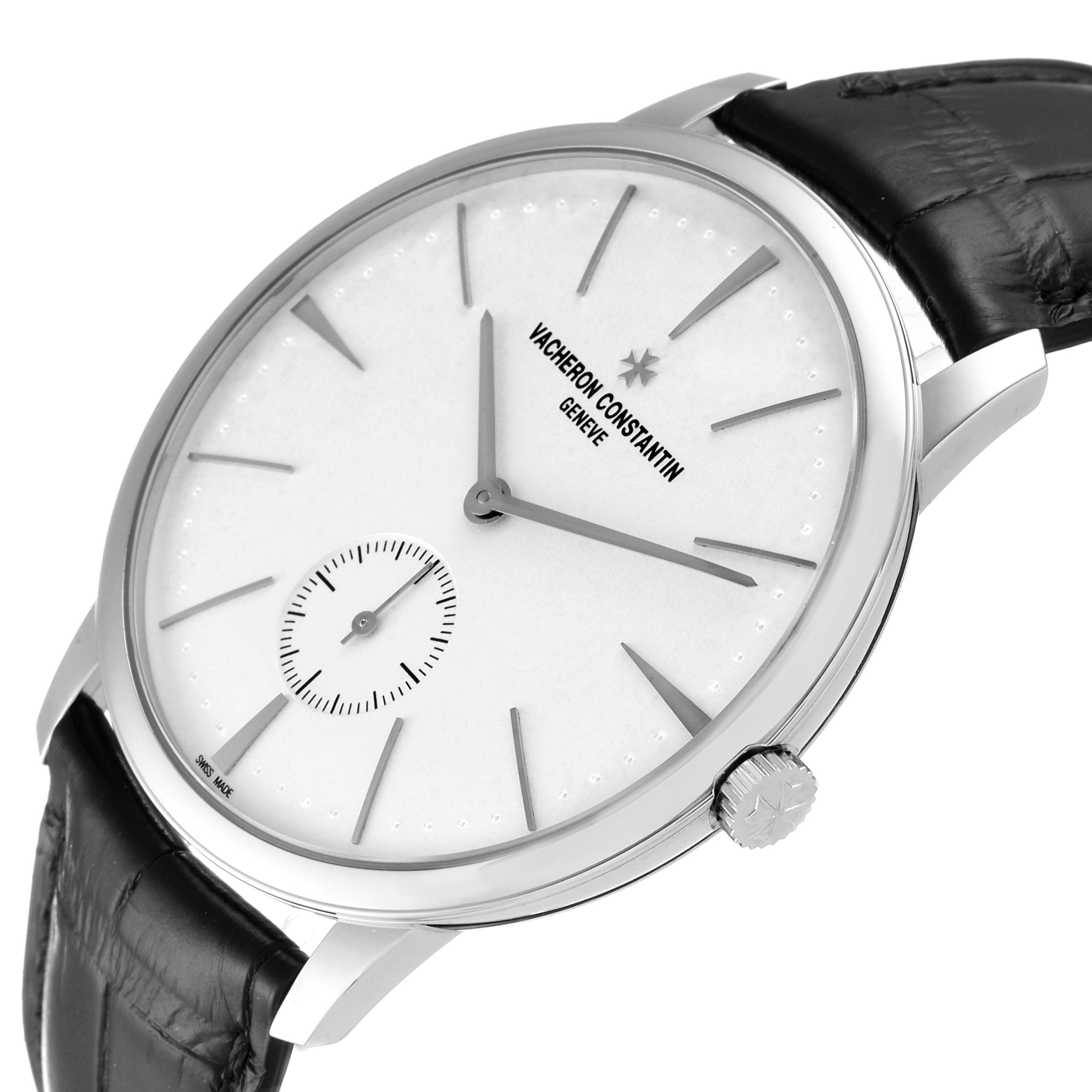 This image shows a Vacheron Constantin Patrimony 1110U/000G-B086 Men's White Gold Silver Dial 1110U/000G-B086 Men's White Gold Silver Dial watch at a three-quarter angle highlighting its dial, crown, and leather strap.