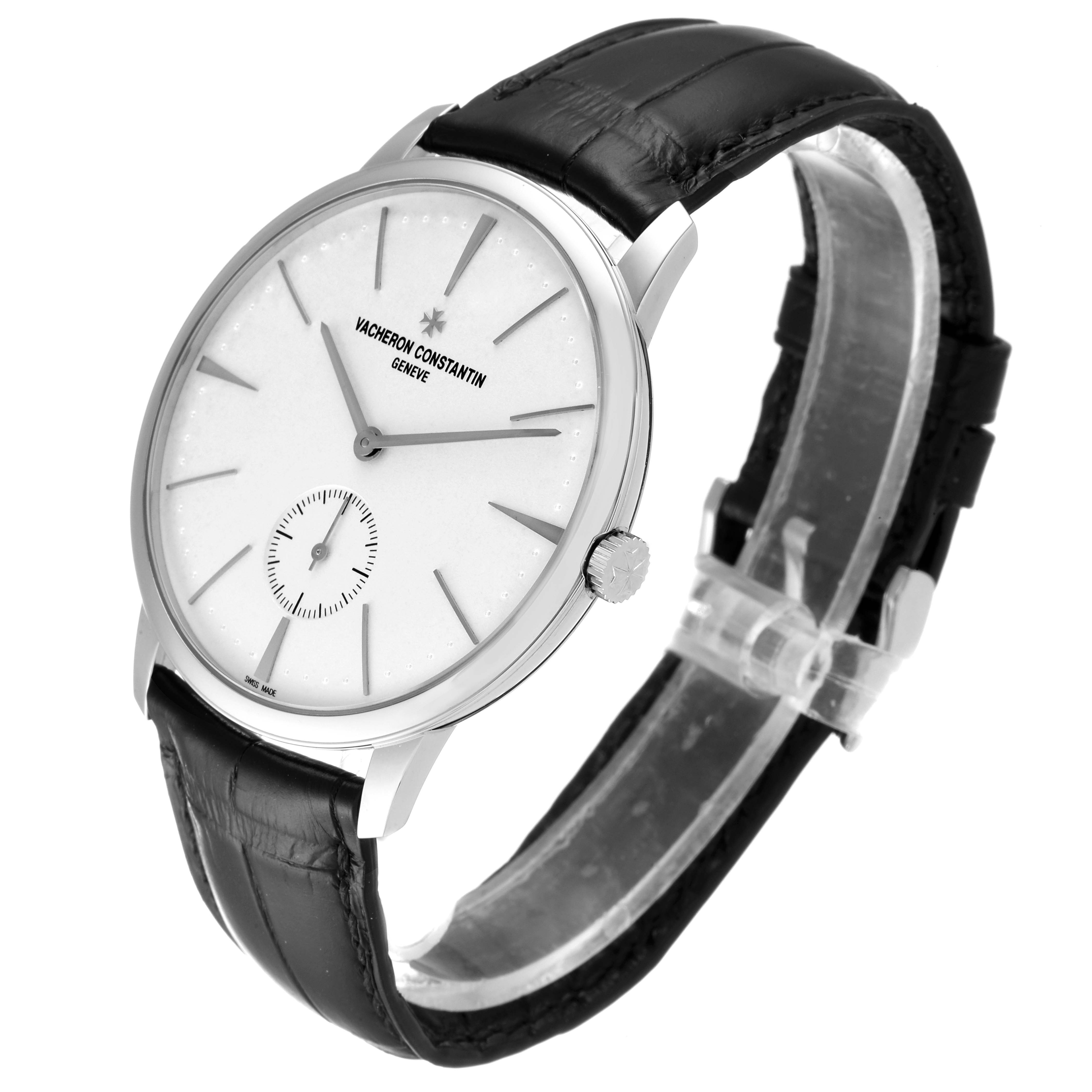 The Patrimony by Vacheron Constantin is shown at an angled side view, showcasing its face and black leather strap.