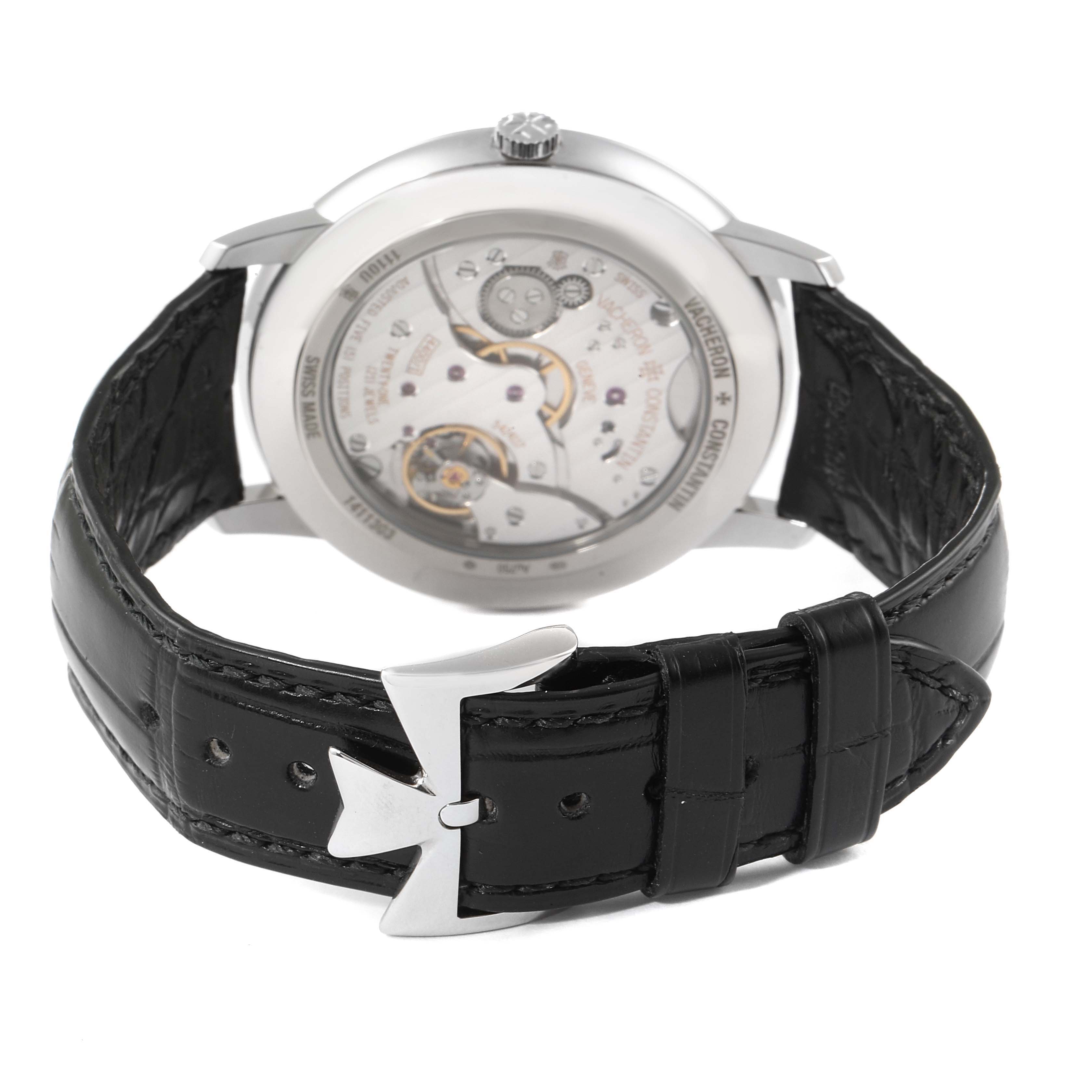 The image shows the back view of a Vacheron Constantin Patrimony 1110U/000G-B086 Men's White Gold Silver Dial 1110U/000G-B086 Men's White Gold Silver Dial watch, highlighting the leather strap and buckle.