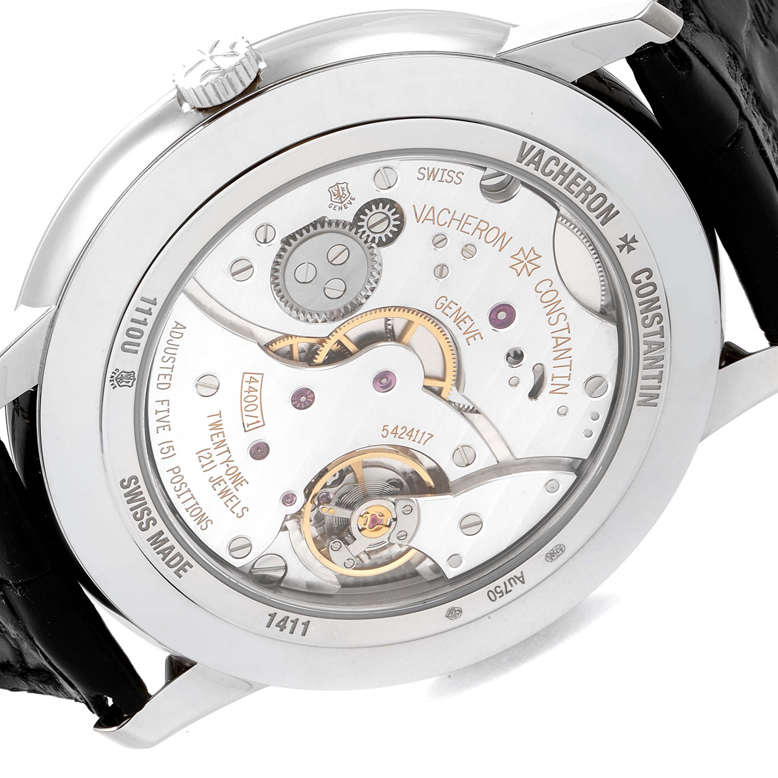 The image shows the back view of the Vacheron Constantin Patrimony 1110U/000G-B086 Men's White Gold Silver Dial 1110U/000G-B086 Men's White Gold Silver Dial watch, highlighting its intricate mechanical movement.