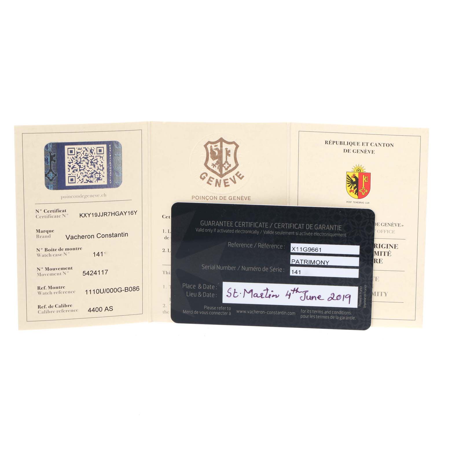 The image shows guarantee certificates and documentation for the Vacheron Constantin Patrimony 1110U/000G-B086 Men's White Gold Silver Dial 1110U/000G-B086 Men's White Gold Silver Dial model watch from a direct front angle.