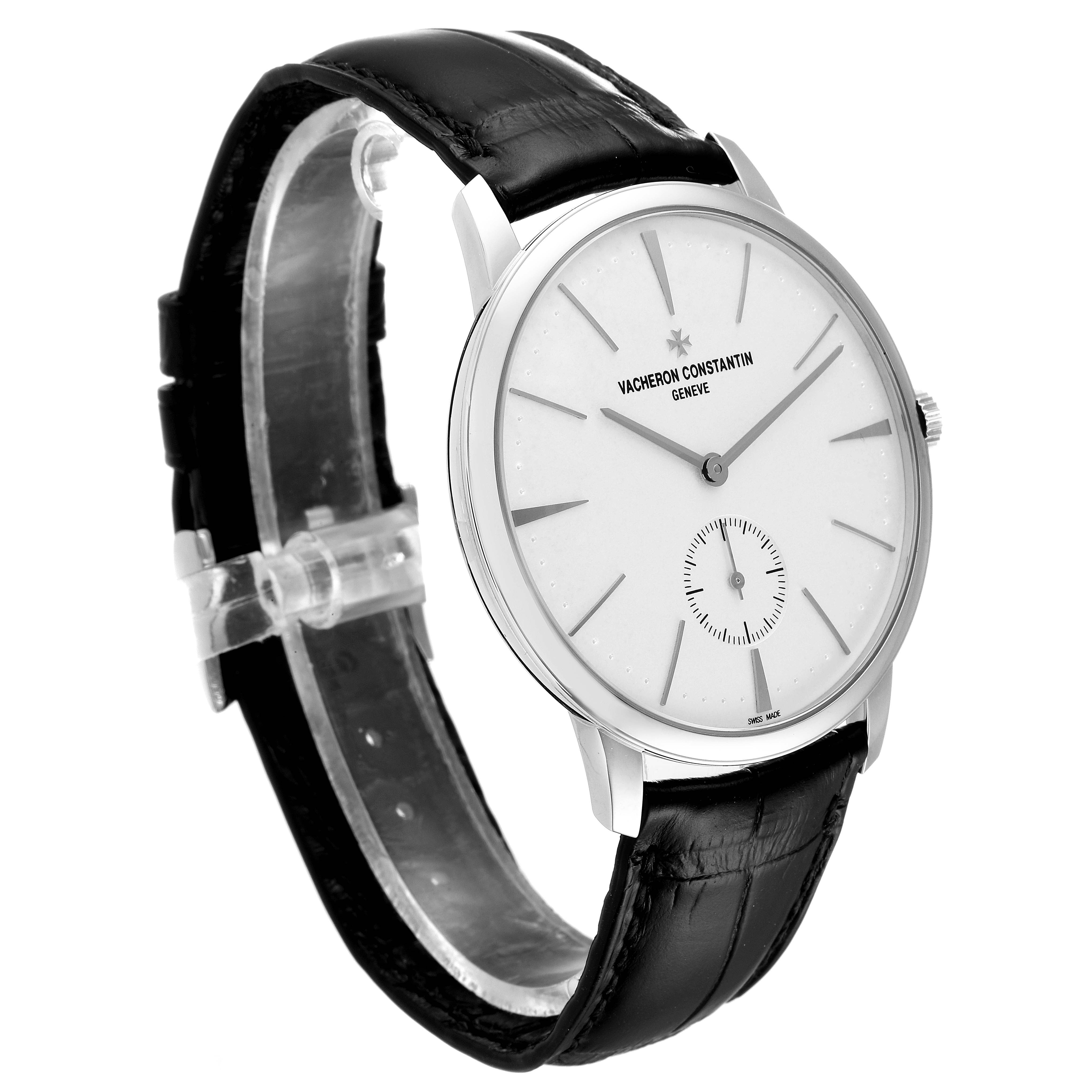 The image shows a side-angle view of the Vacheron Constantin Patrimony 1110U/000G-B086 Men's White Gold Silver Dial 1110U/000G-B086 Men's White Gold Silver Dial watch, highlighting its face, case, and leather strap.