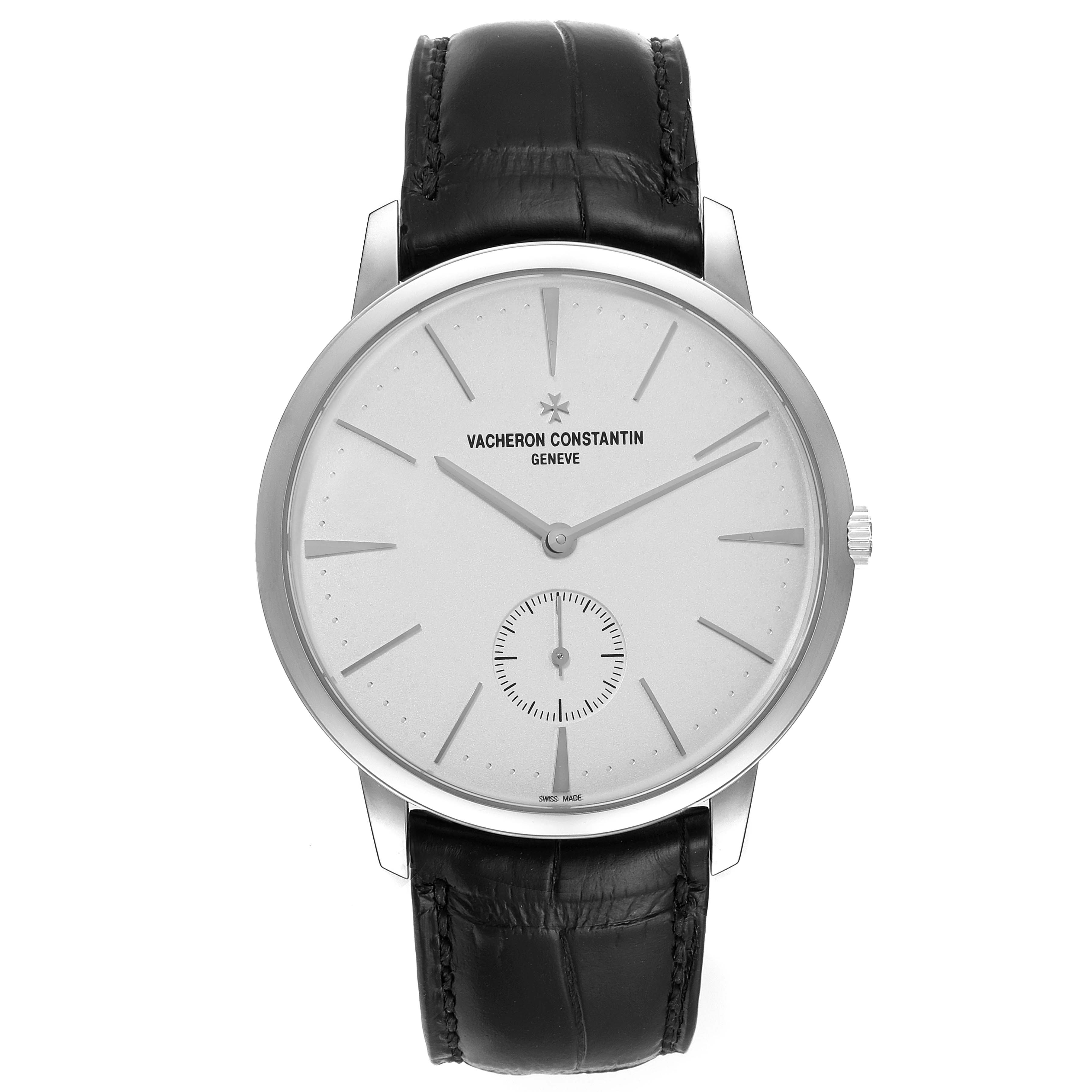 This image shows a frontal view of the Vacheron Constantin Patrimony 1110U/000G-B086 Men's White Gold Silver Dial 1110U/000G-B086 Men's White Gold Silver Dial watch with a black leather strap and silver dial.