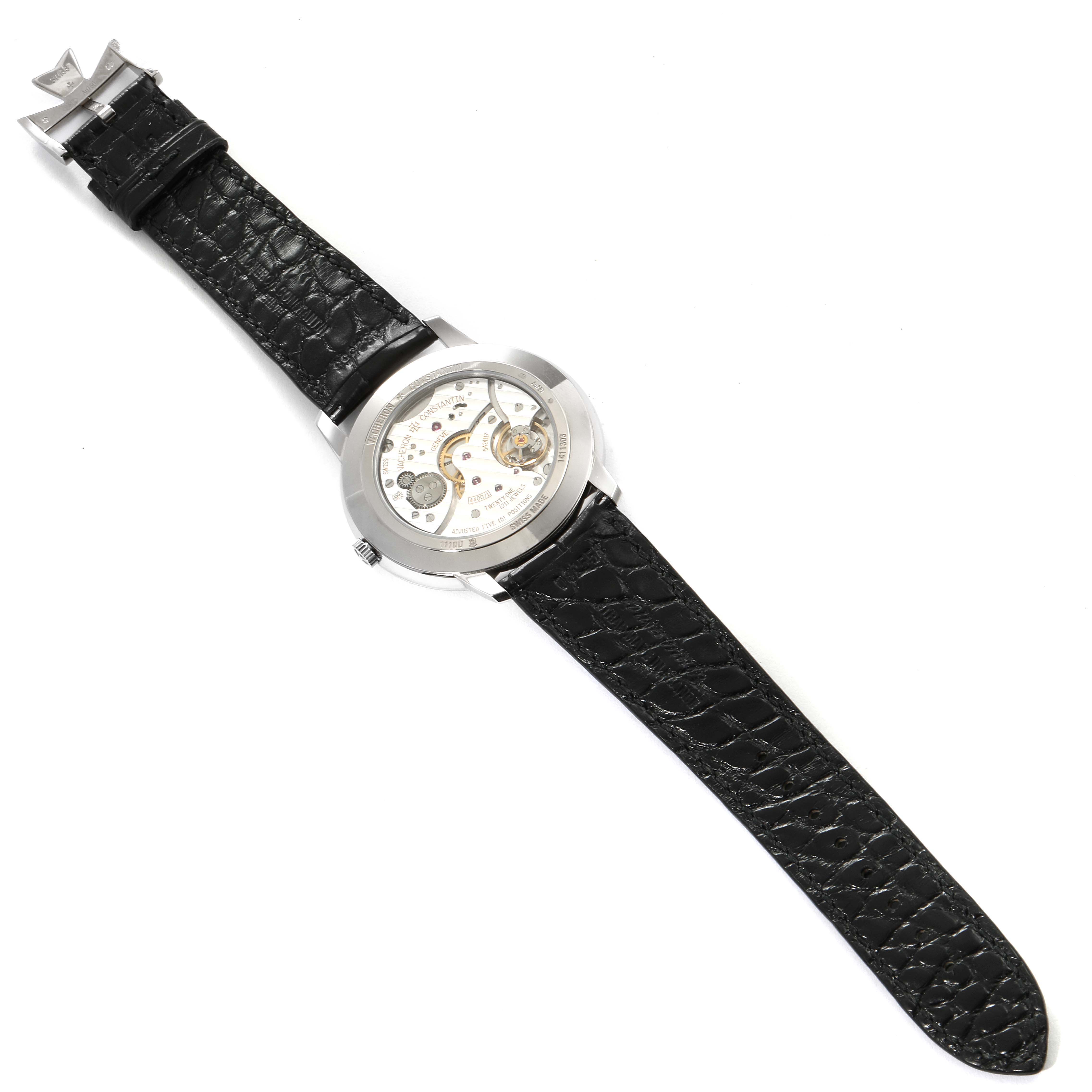 This image shows the back of a Vacheron Constantin Patrimony 1110U/000G-B086 Men's White Gold Silver Dial 1110U/000G-B086 Men's White Gold Silver Dial watch, displaying its movement and black leather strap.