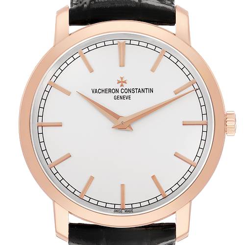 The image shows a frontal view of the Vacheron Constantin Patrimony 43075/000R-9737 Men's Rose Gold Silver Dial watch, highlighting the dial, case, and crown.