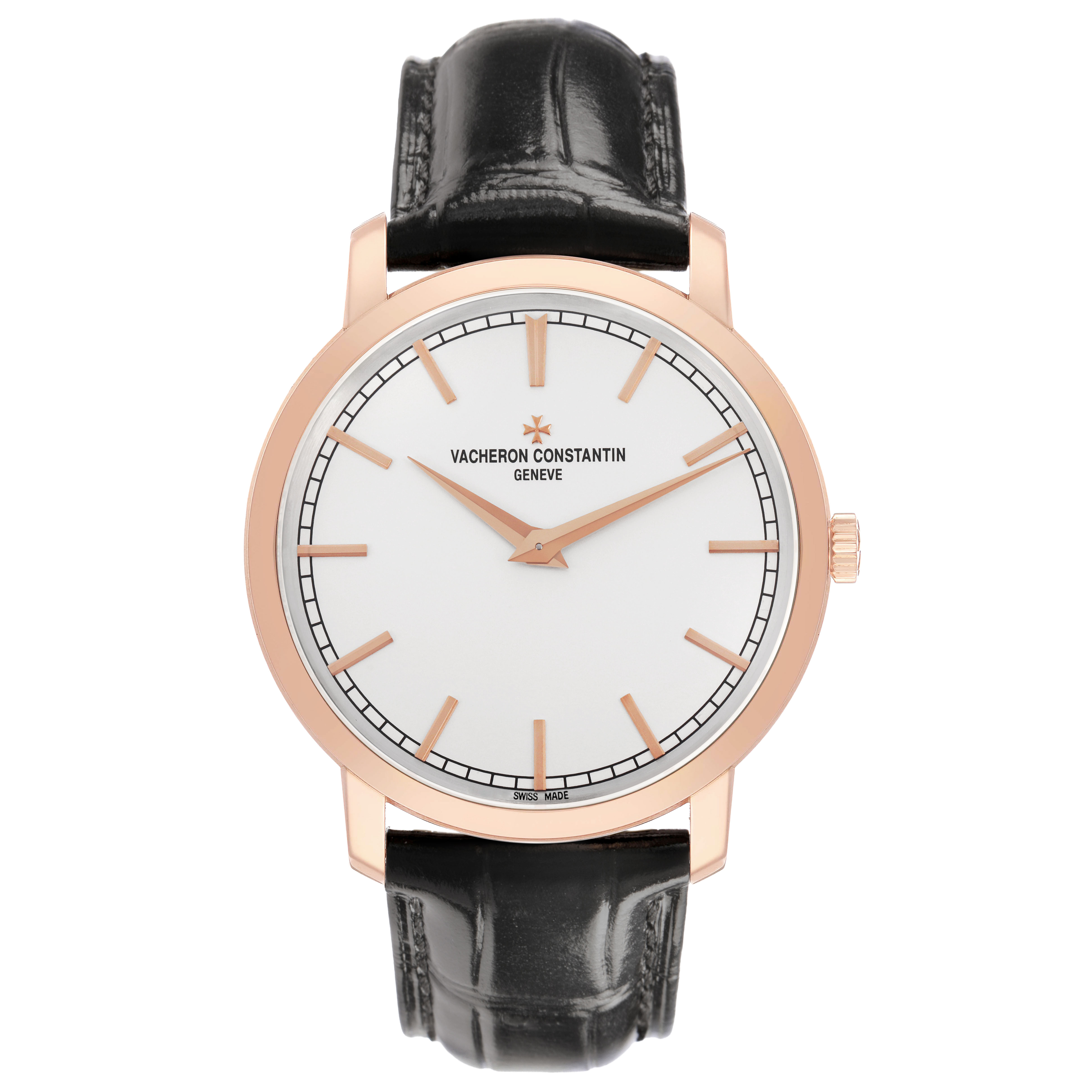The Vacheron Constantin Patrimony 43075/000R-9737 Men's Rose Gold Silver Dial watch is shown from the front, displaying the dial, hands, case, and strap.