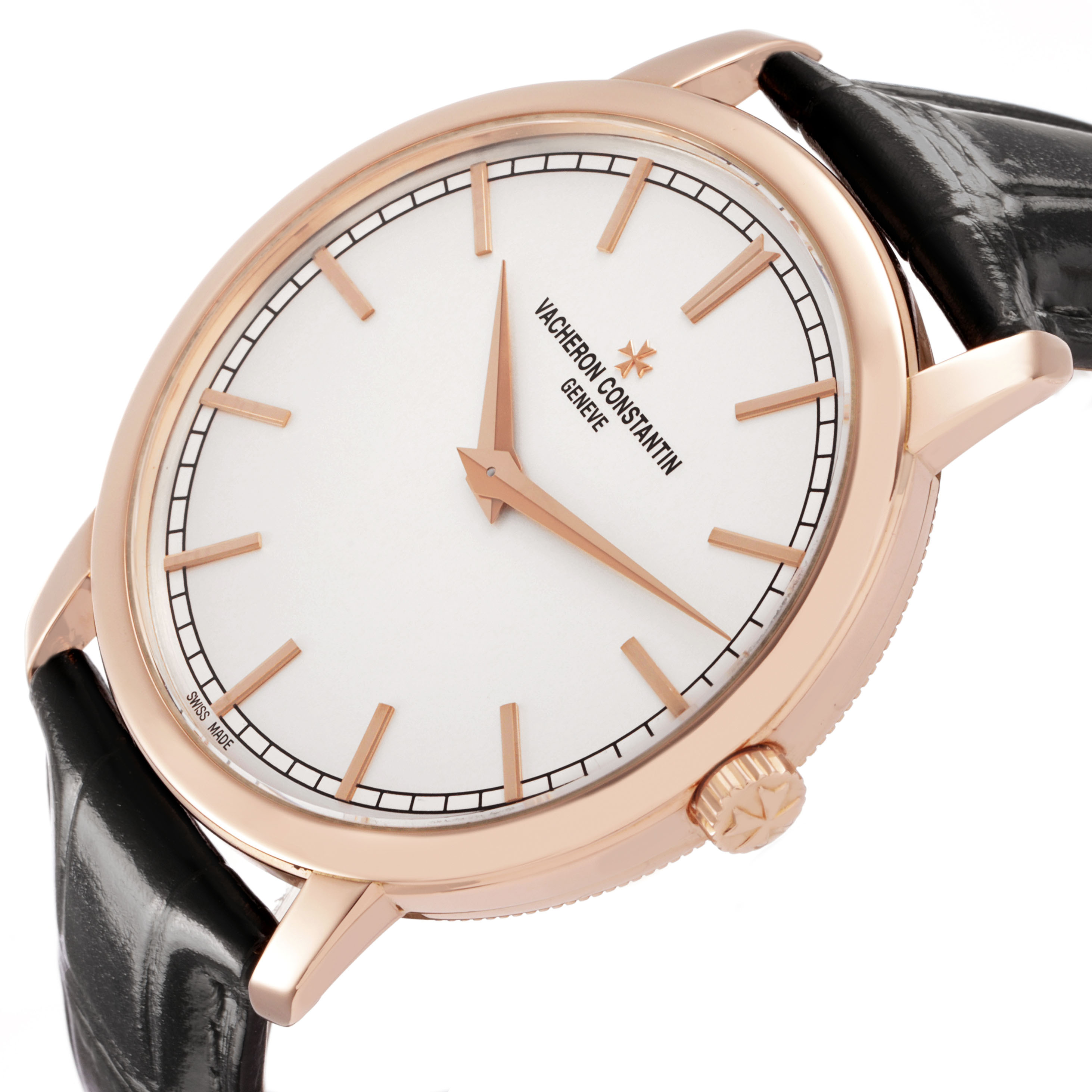 The Vacheron Constantin Patrimony 43075/000R-9737 Men's Rose Gold Silver Dial watch is shown at a side angle, highlighting the face, case, lugs, and crown.