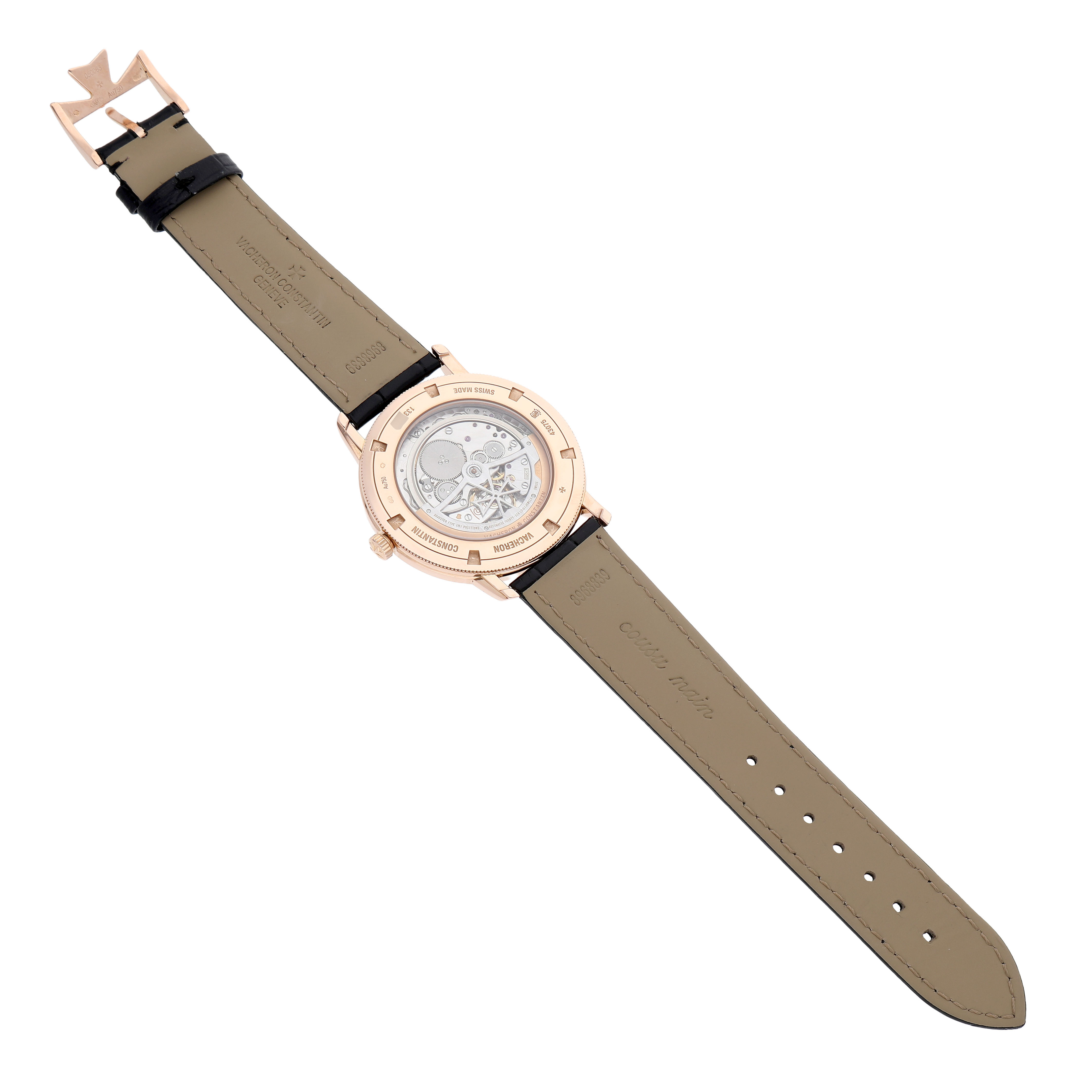 The image shows the back view of a Vacheron Constantin Patrimony 43075/000R-9737 Men's Rose Gold Silver Dial watch, highlighting the transparent case back and movement.
