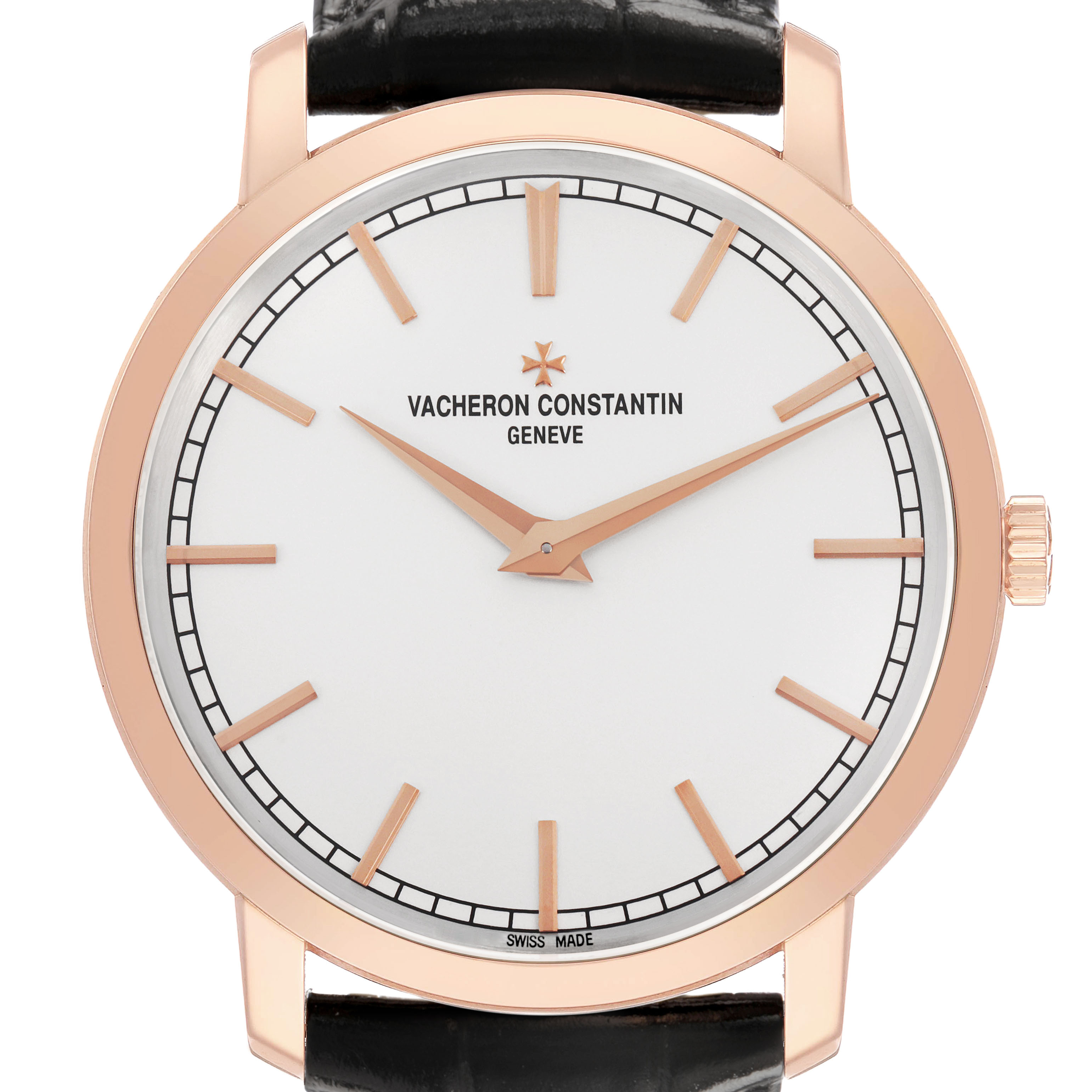 The Vacheron Constantin Patrimony 43075/000R-9737 Men's Rose Gold Silver Dial watch is shown from a front angle, highlighting its dial, hands, and black leather strap.