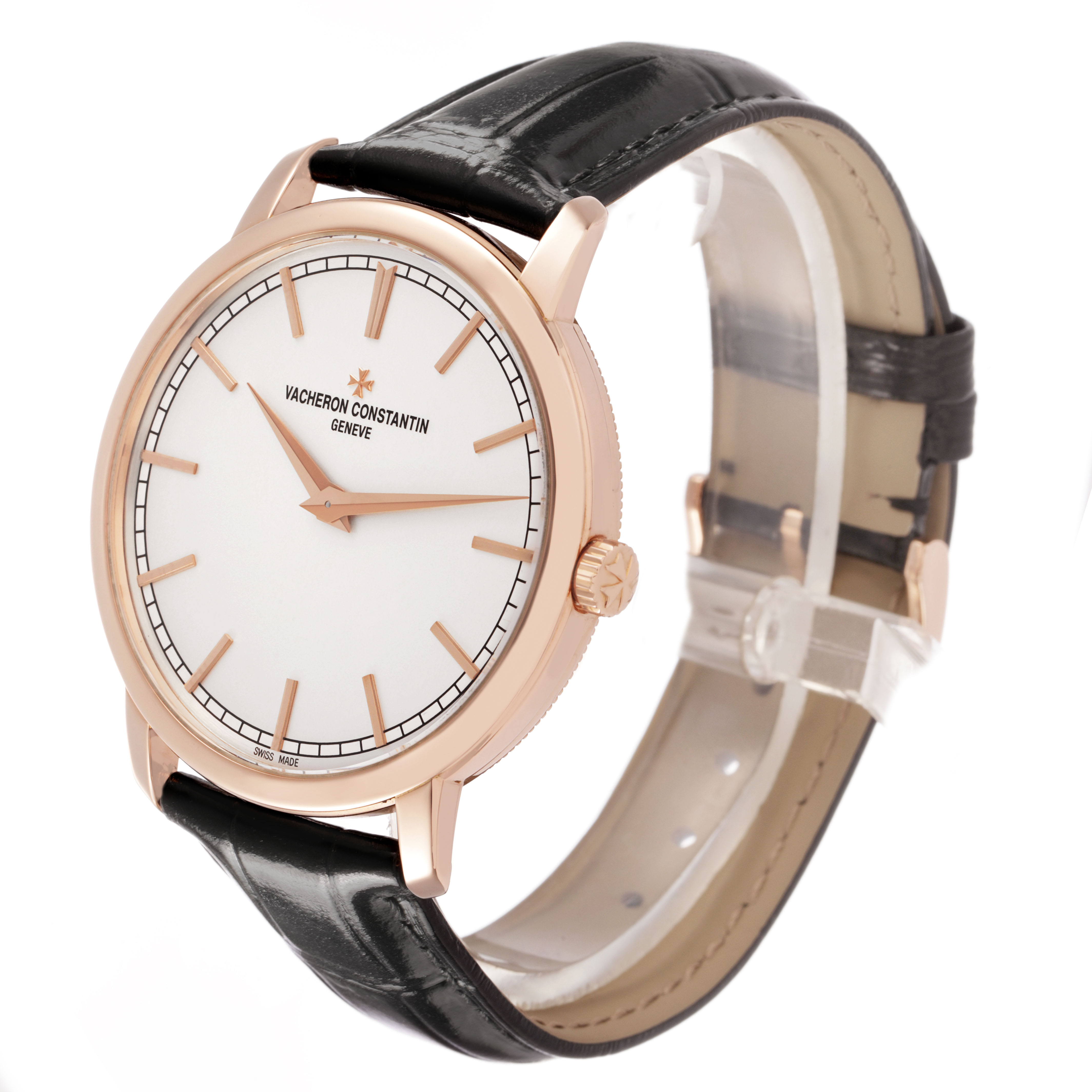 The image shows a Vacheron Constantin Patrimony 43075/000R-9737 Men's Rose Gold Silver Dial watch at a three-quarter angle, highlighting the face, crown, and leather strap.