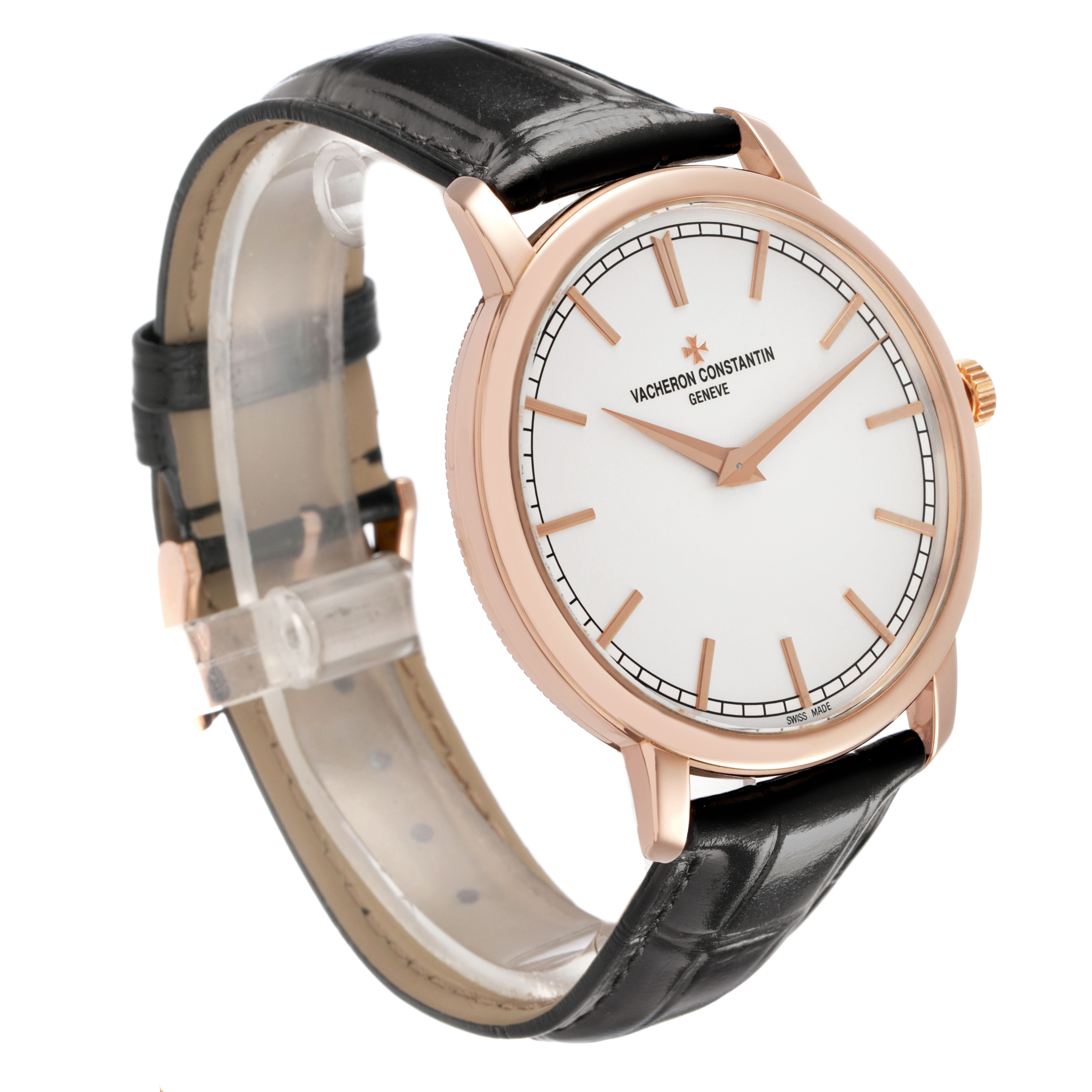 The Vacheron Constantin Patrimony 43075/000R-9737 Men's Rose Gold Silver Dial watch is shown at a three-quarter angle, highlighting its rose gold case, white dial, and black leather strap.