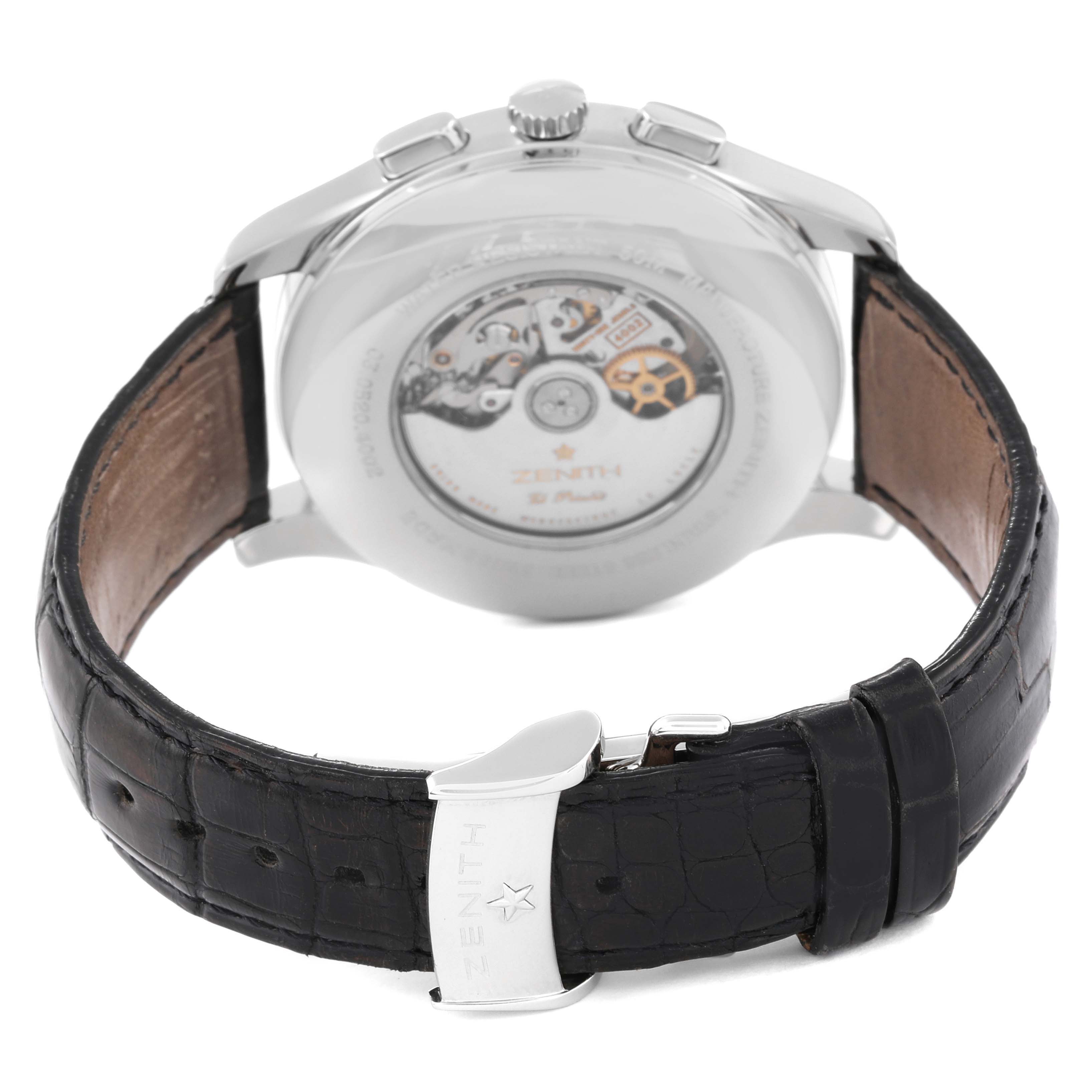 The image shows the back view of the Zenith El Primero 03.0520.4002/21.R511 Men's Stainless Steel Black Dial 03.0520.4002/21.R511 Men's Stainless Steel Black Dial watch, highlighting the visible movement and leather strap.