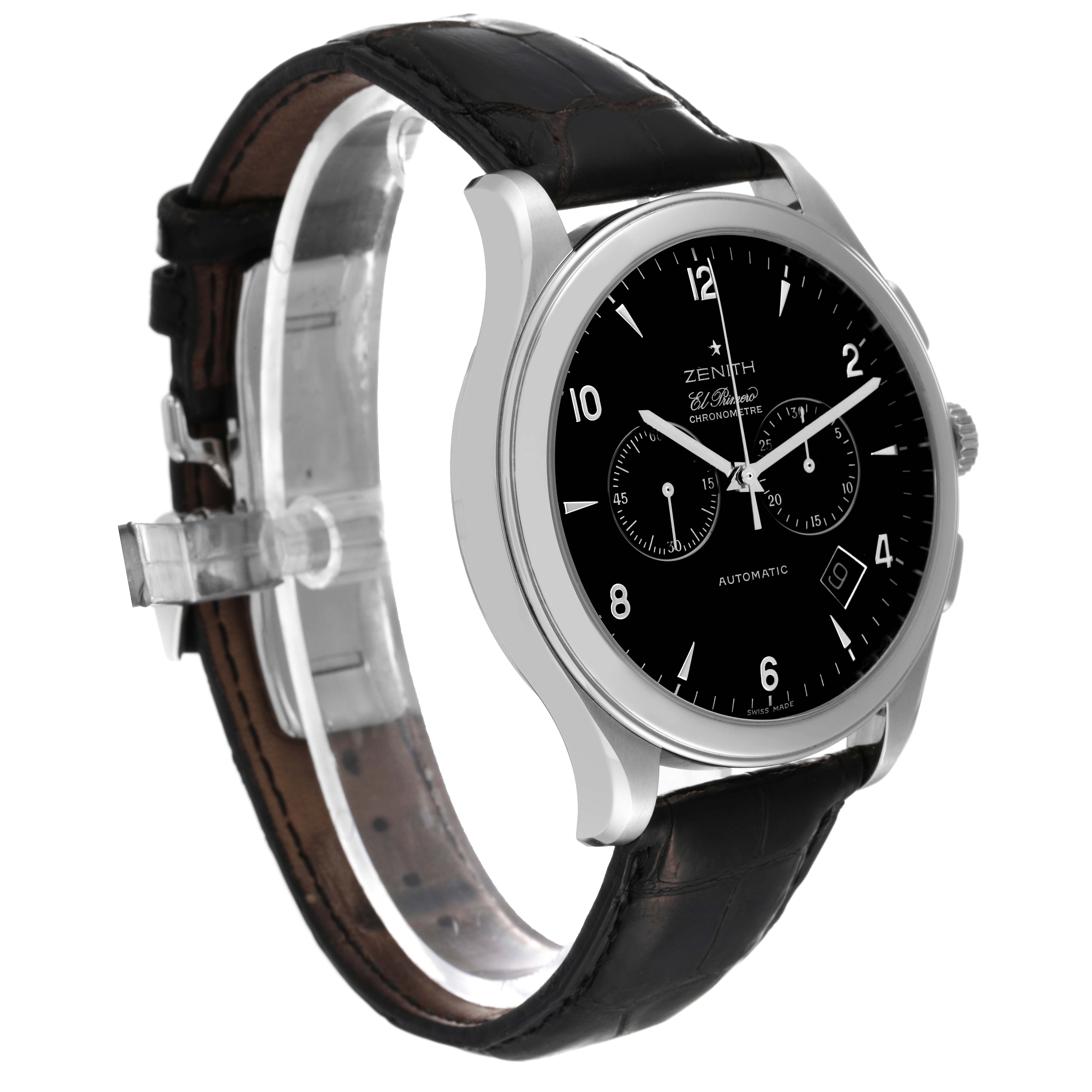 The Zenith El Primero 03.0520.4002/21.R511 Men's Stainless Steel Black Dial 03.0520.4002/21.R511 Men's Stainless Steel Black Dial watch is shown at a three-quarter angle, featuring its dial, case, and black strap.