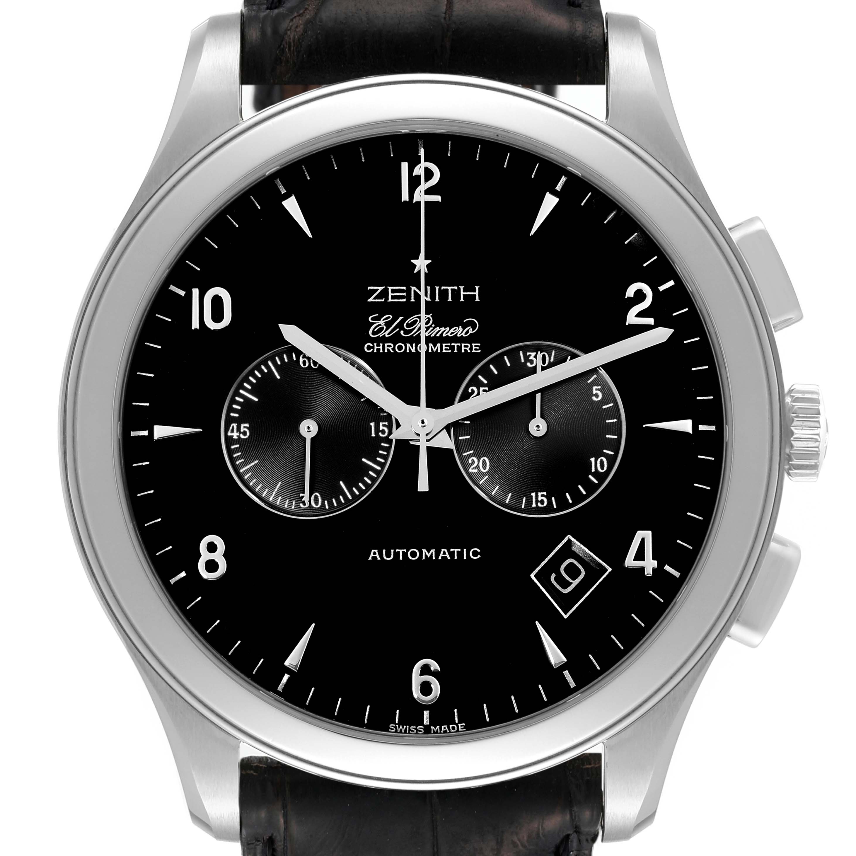 This image shows a front view of the Zenith El Primero 03.0520.4002/21.R511 Men's Stainless Steel Black Dial 03.0520.4002/21.R511 Men's Stainless Steel Black Dial watch, showcasing its black dial, chronograph subdials, and date window.