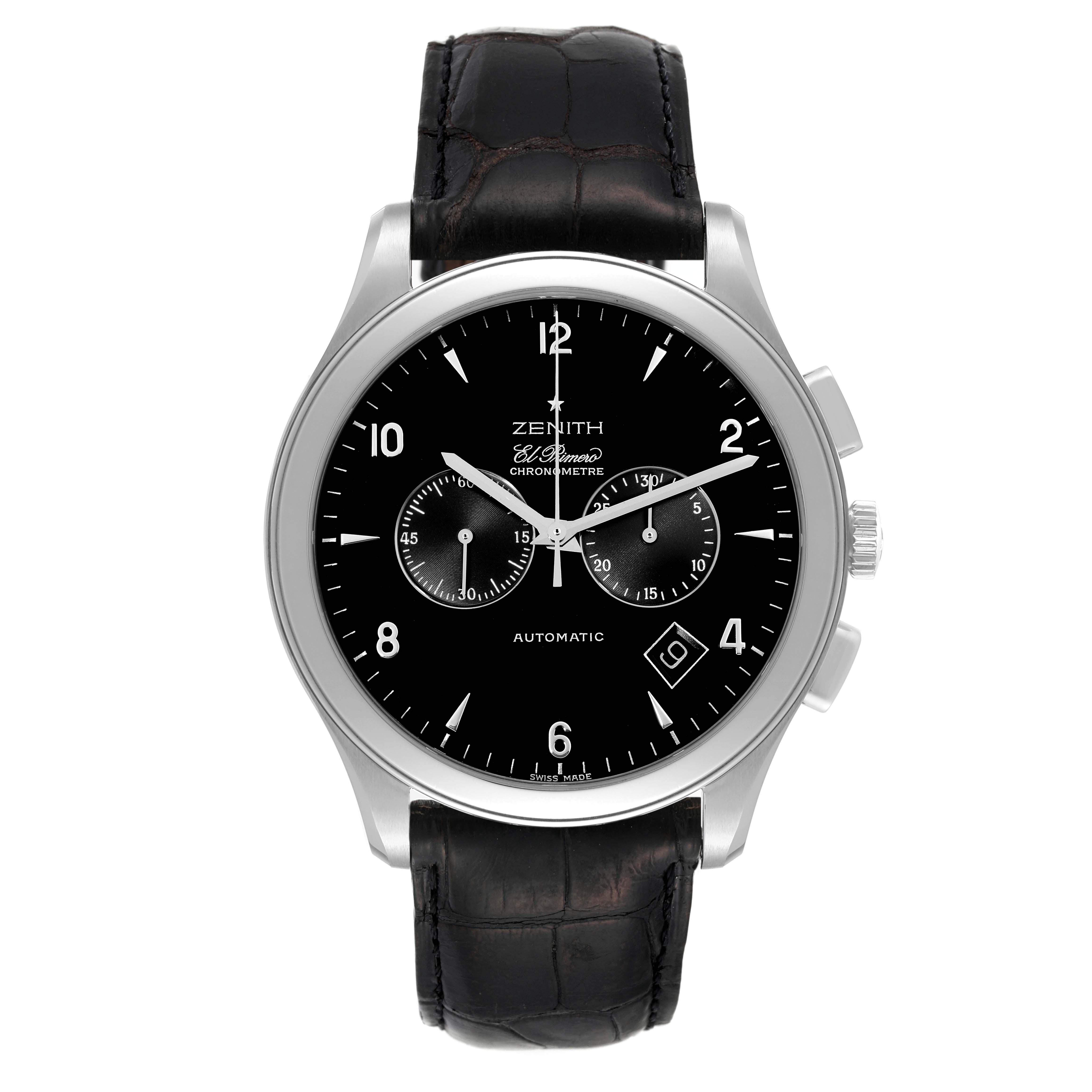 This image shows a Zenith El Primero 03.0520.4002/21.R511 Men's Stainless Steel Black Dial 03.0520.4002/21.R511 Men's Stainless Steel Black Dial watch from the front, displaying the face, dial, chronometer, and leather strap.