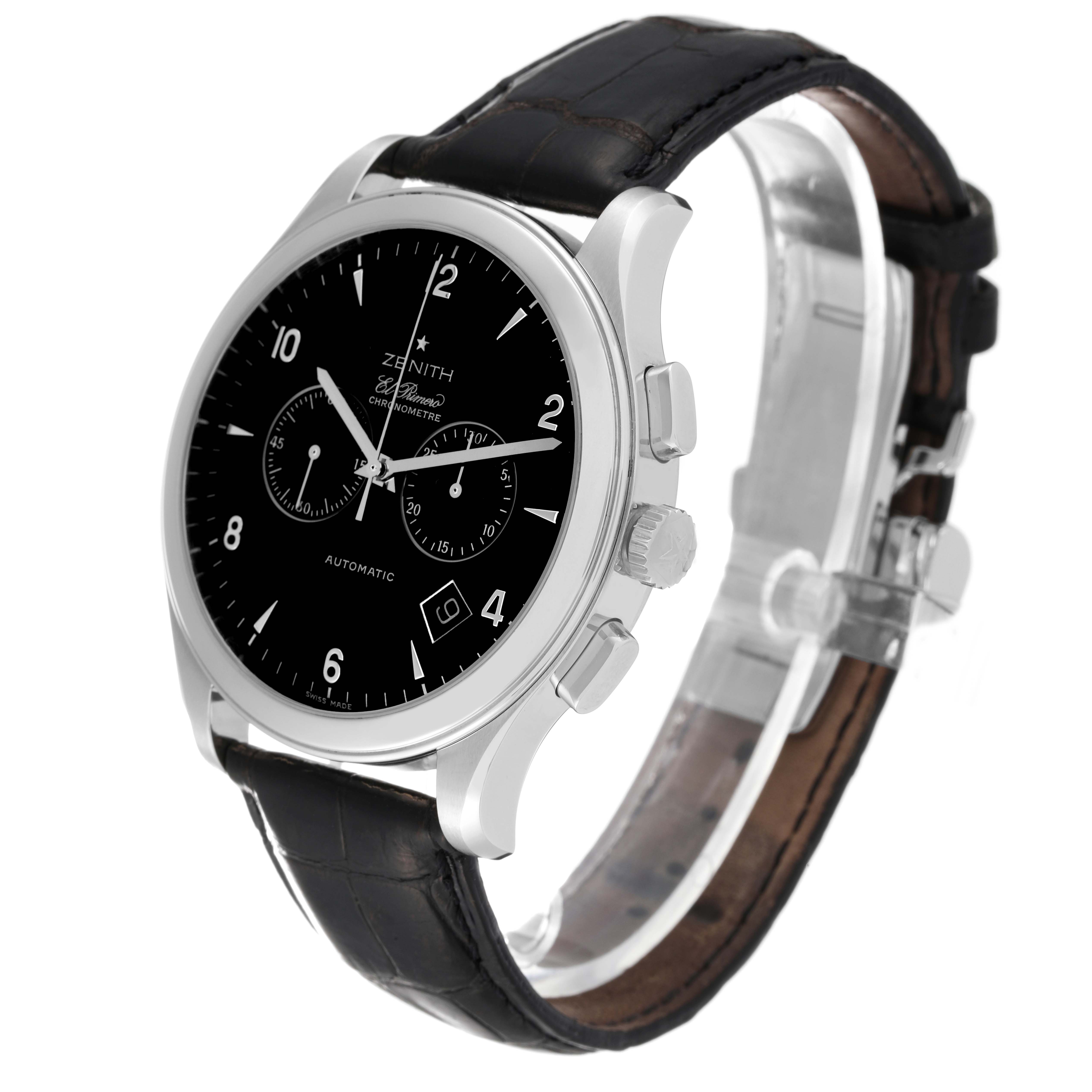 The image shows a side angle view of the Zenith El Primero 03.0520.4002/21.R511 Men's Stainless Steel Black Dial 03.0520.4002/21.R511 Men's Stainless Steel Black Dial watch, displaying its black dial, chronograph, crown, and leather strap.