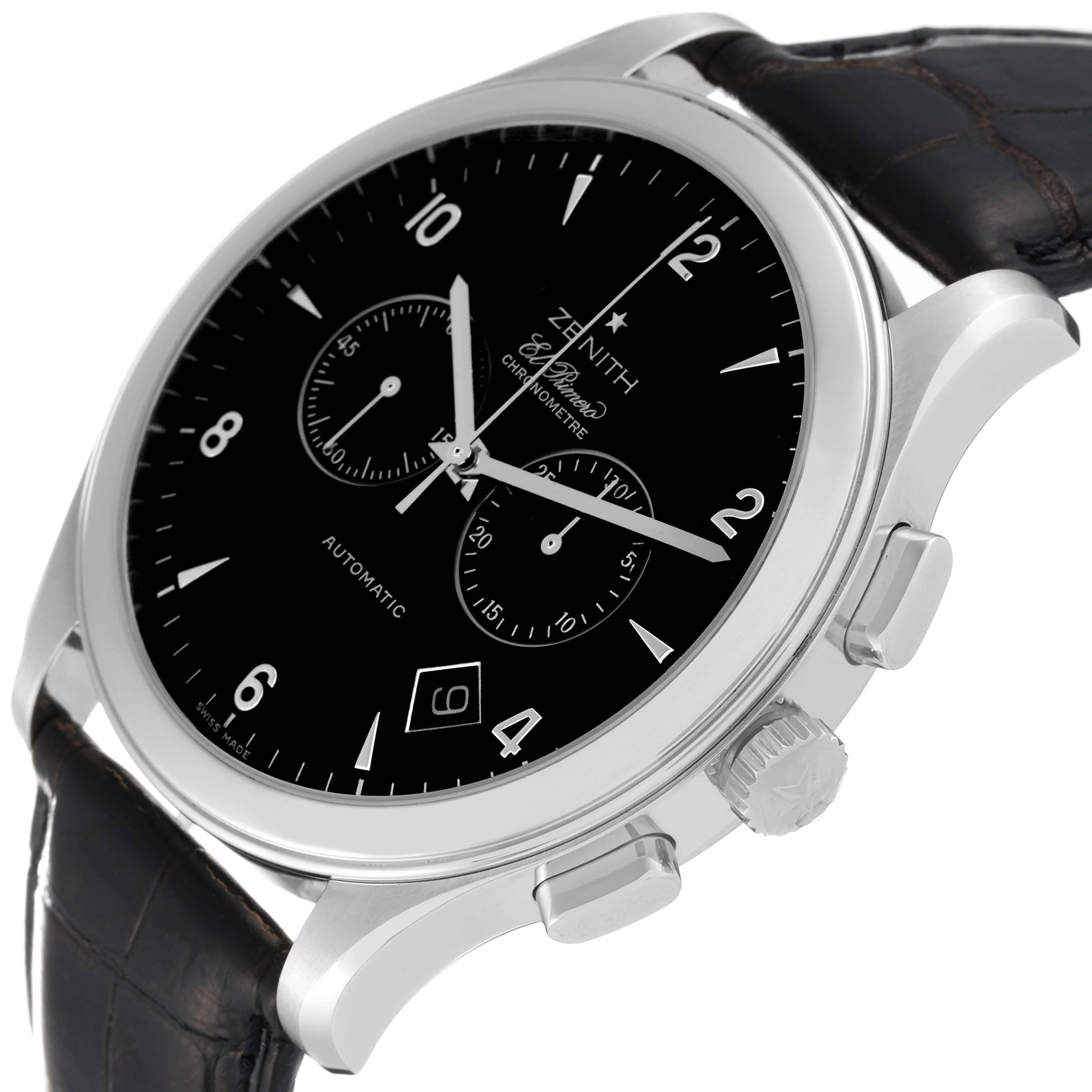 The image shows a Zenith El Primero 03.0520.4002/21.R511 Men's Stainless Steel Black Dial 03.0520.4002/21.R511 Men's Stainless Steel Black Dial watch at an angle highlighting its black dial, case, pushers, crown, and leather strap.