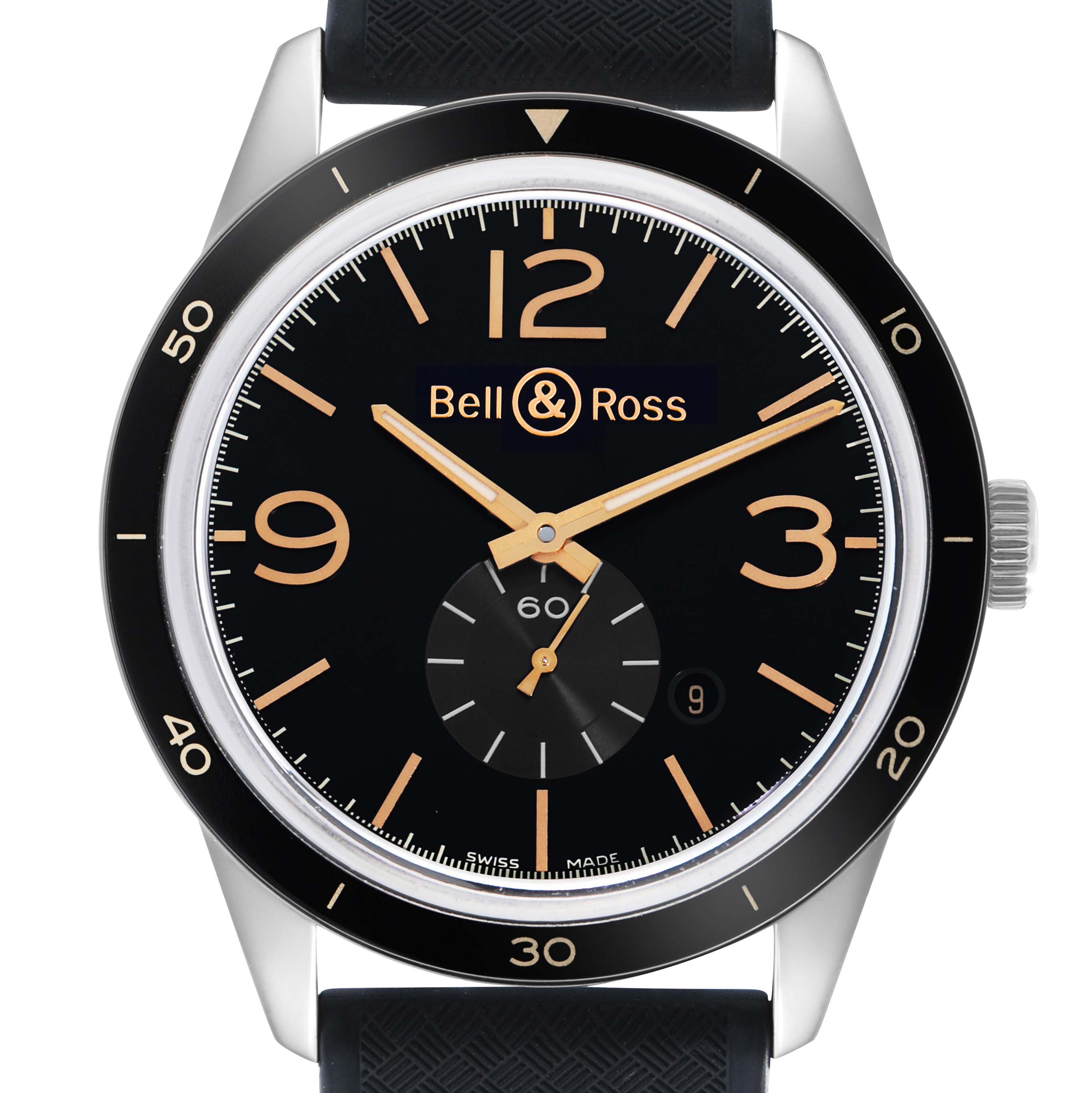 The Bell 
Ross Vintage BR123 Men
s Stainless Steel Black Dial watch is shown from the front, displaying its face, bezel, and part of the strap.
