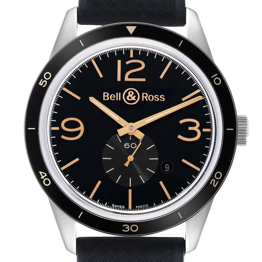The Bell & Ross Vintage BR123 Men's Stainless Steel Black Dial watch is shown from the front, displaying its face, bezel, and part of the strap.