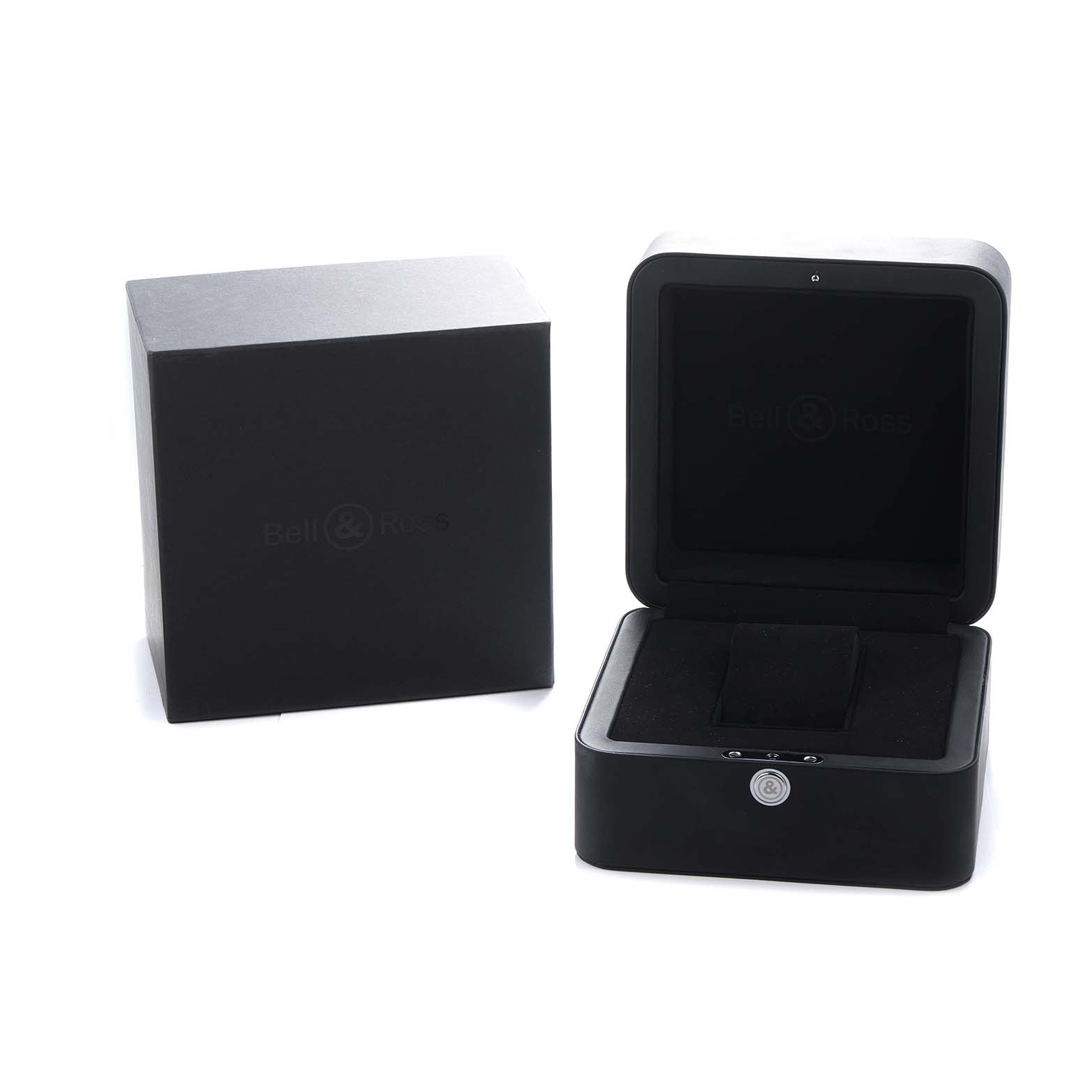 The image shows a Bell 
Ross Vintage BR123 Men
s Stainless Steel Black Dial watch case and its packaging from a front angle.