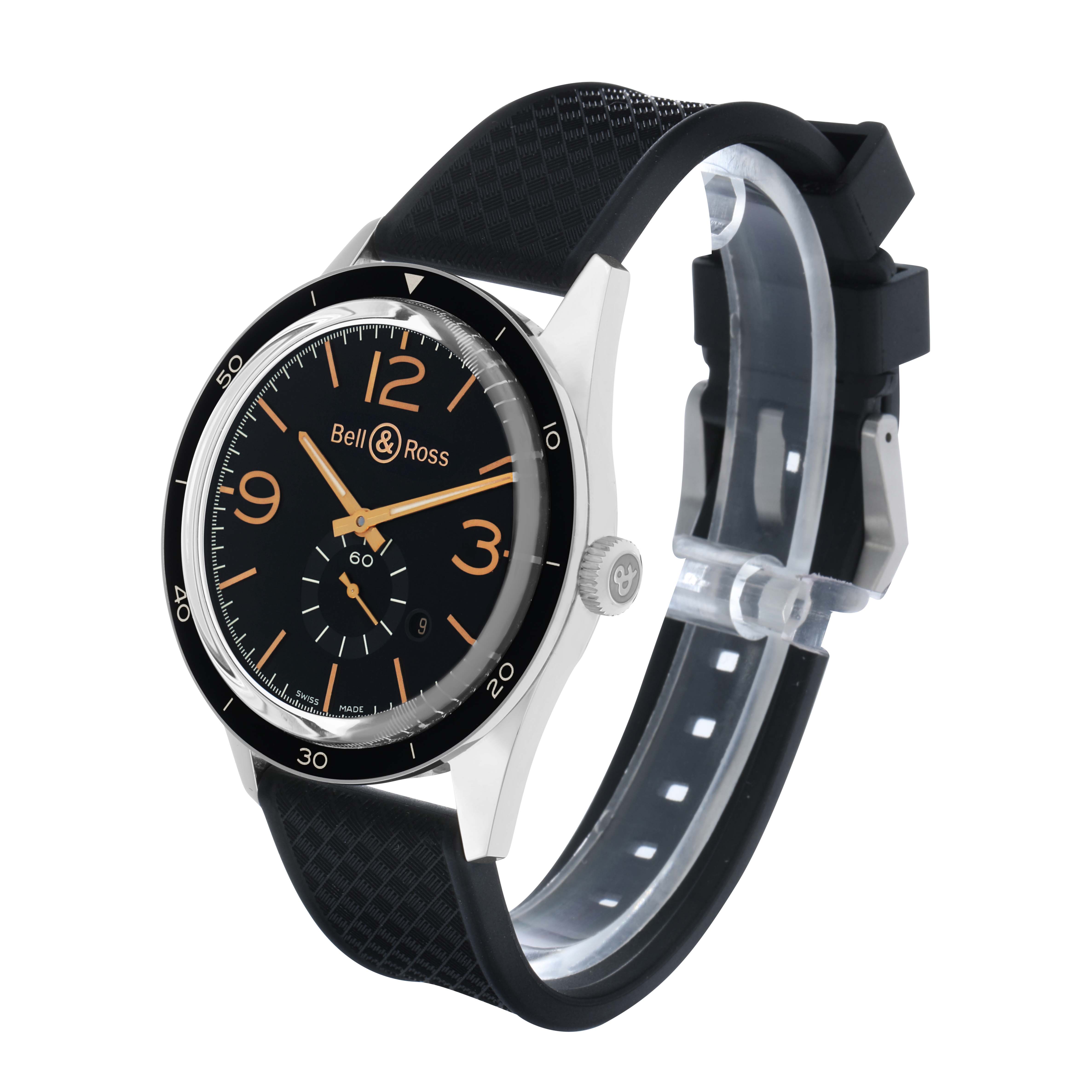 The image showcases a Bell 
Ross Vintage BR123 Men
s Stainless Steel Black Dial model at a three-quarter angle, highlighting the black dial, numerals, and the strap design.