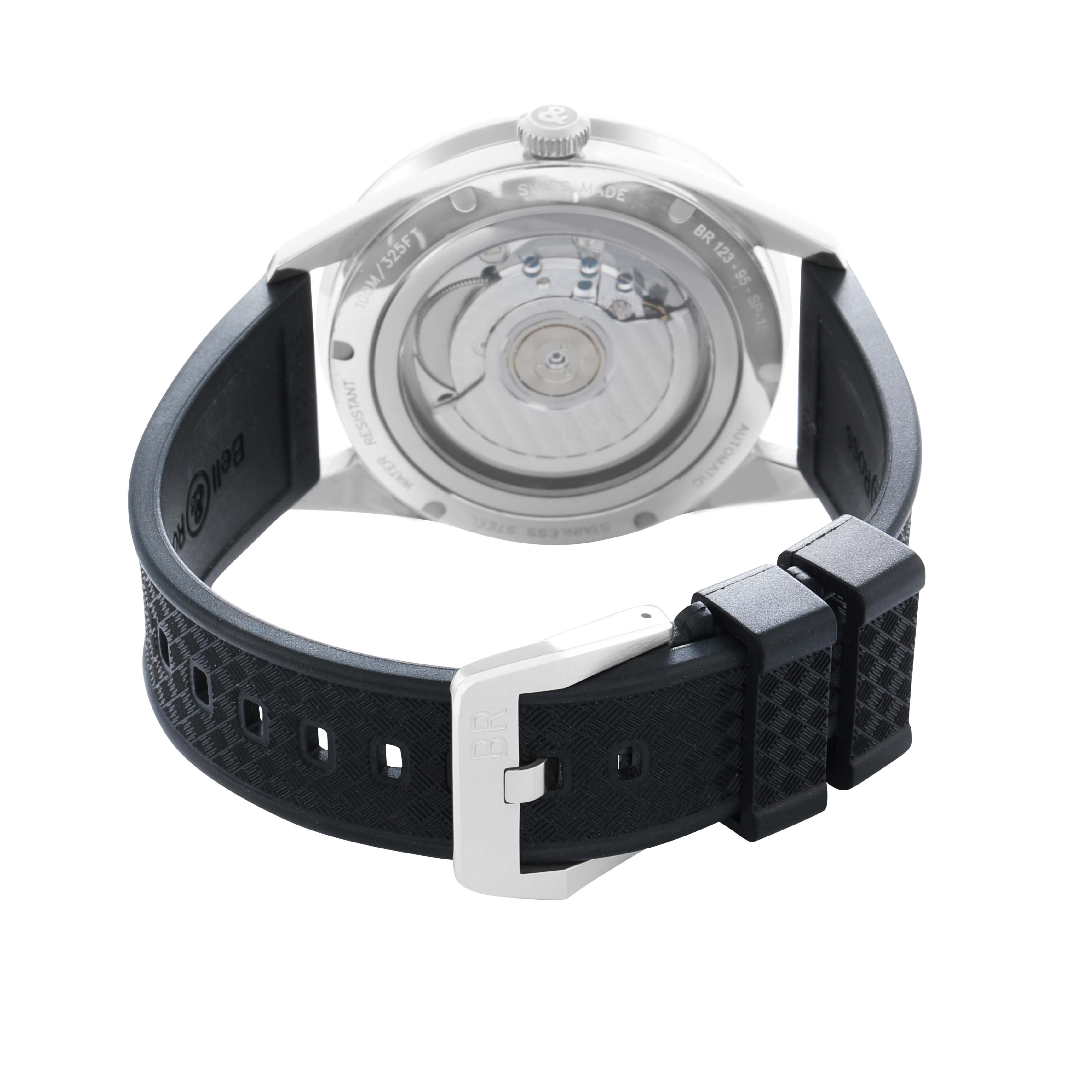 The Bell 
Ross Vintage BR123 Men
s Stainless Steel Black Dial watch is shown from the back, highlighting the transparent case back and black rubber strap.