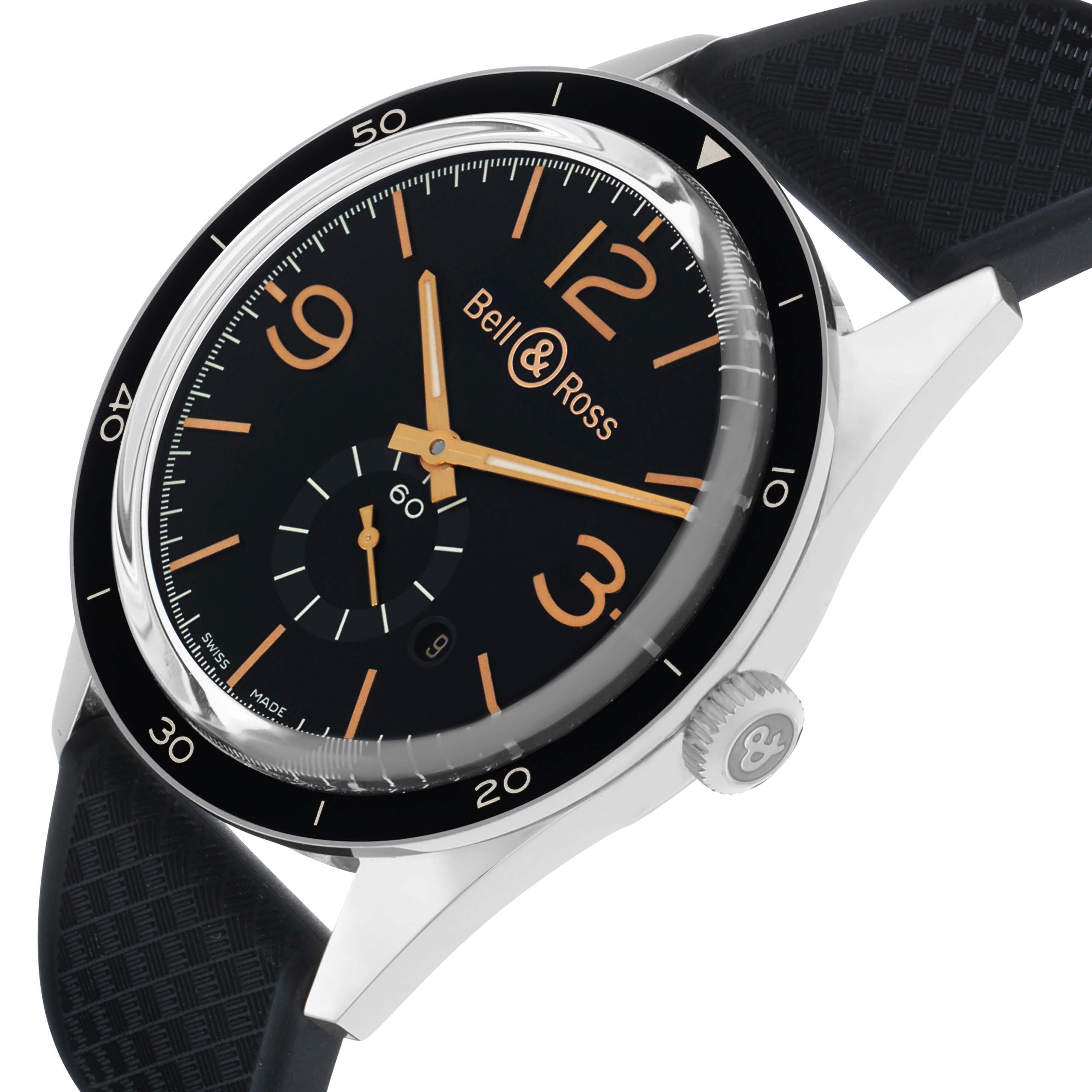 The Bell 
Ross Vintage BR123 Men
s Stainless Steel Black Dial watch is shown at an angled view, highlighting the dial, bezel, crown, and part of the strap.
