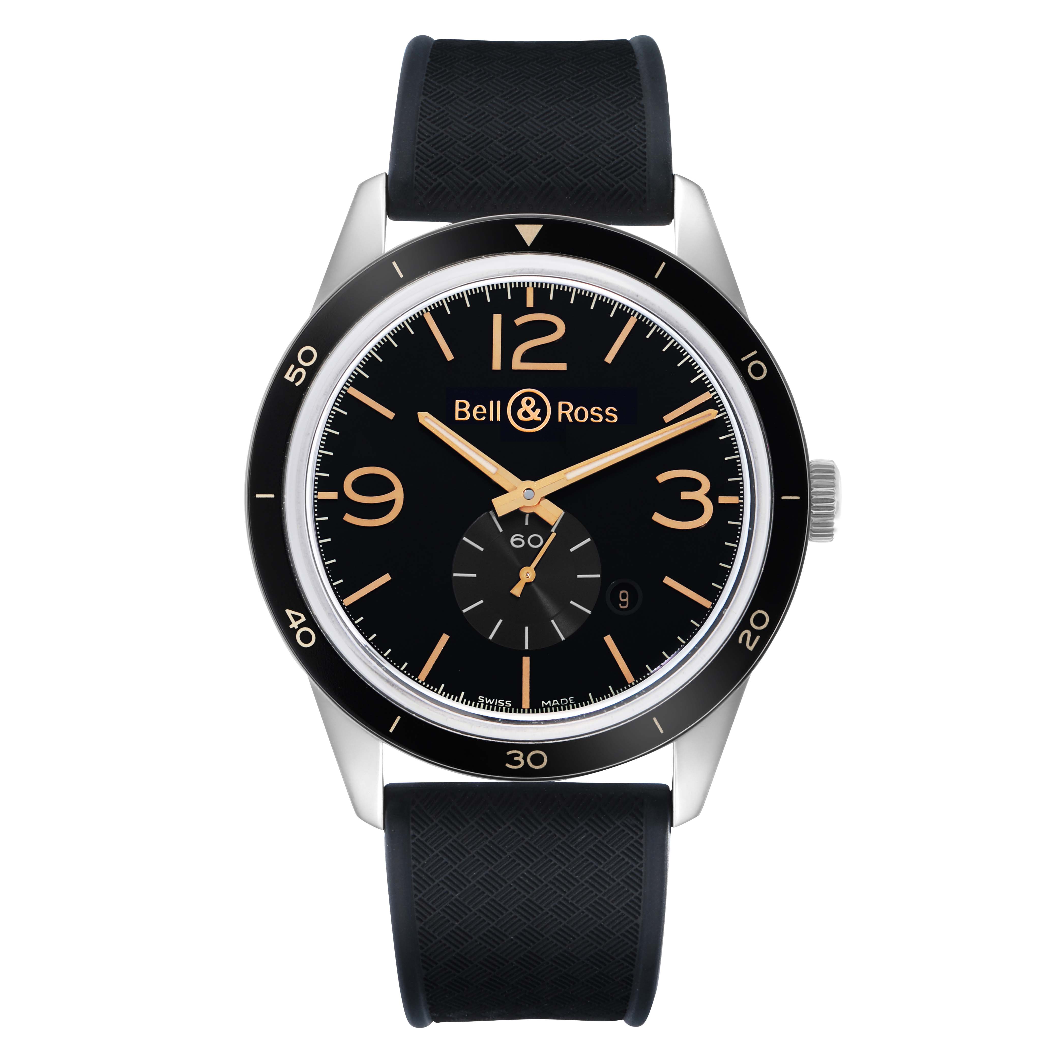 The Bell 
Ross Vintage BR123 Men
s Stainless Steel Black Dial watch is shown from a front angle, displaying the dial, hands, bezel, and strap clearly.