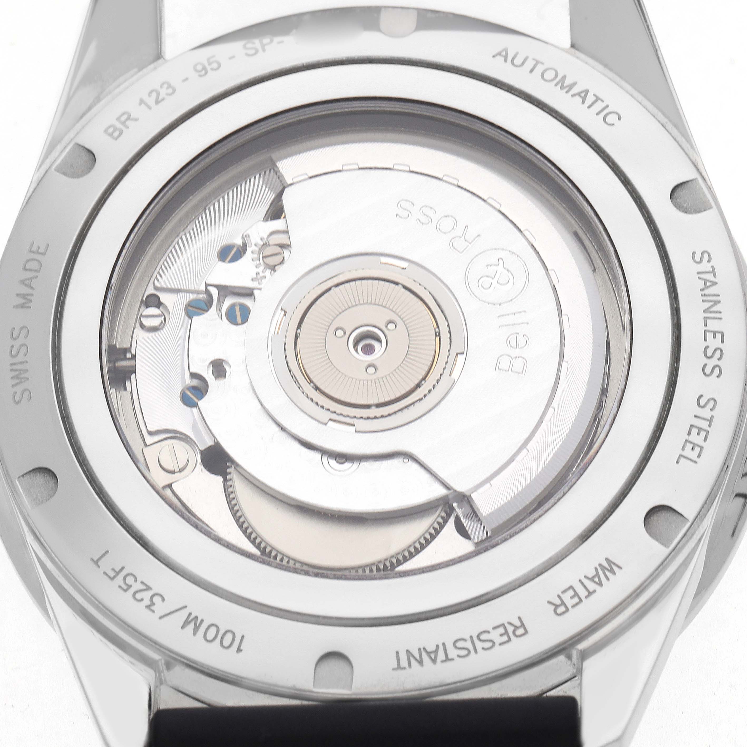 The image shows the case back of the Bell 
Ross Vintage BR123 Men
s Stainless Steel Black Dial BR 123, highlighting its automatic movement and rotor.