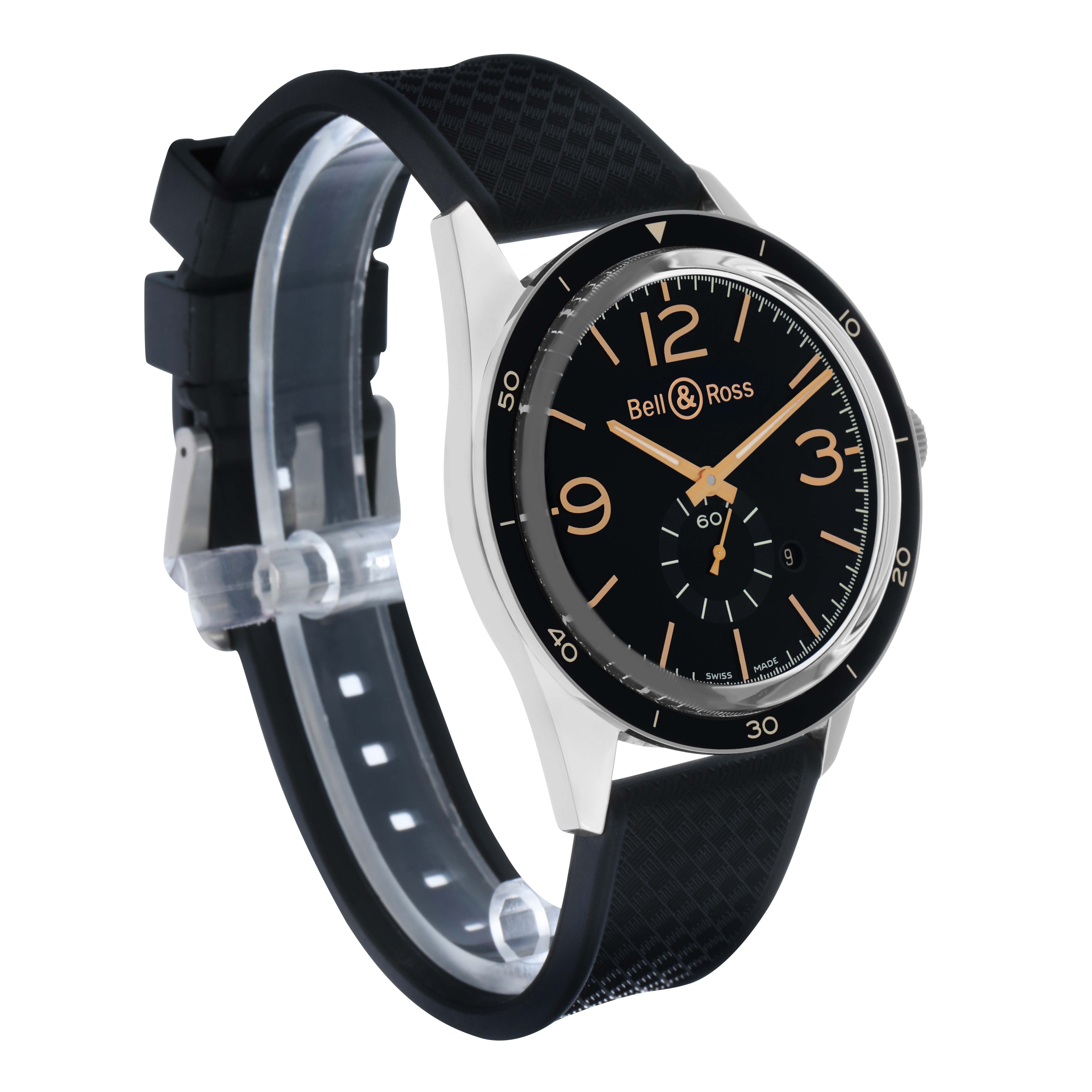 The Bell 
Ross Vintage BR123 Men
s Stainless Steel Black Dial watch is shown at a three-quarter angle, highlighting the dial, bezel, strap, and crown.