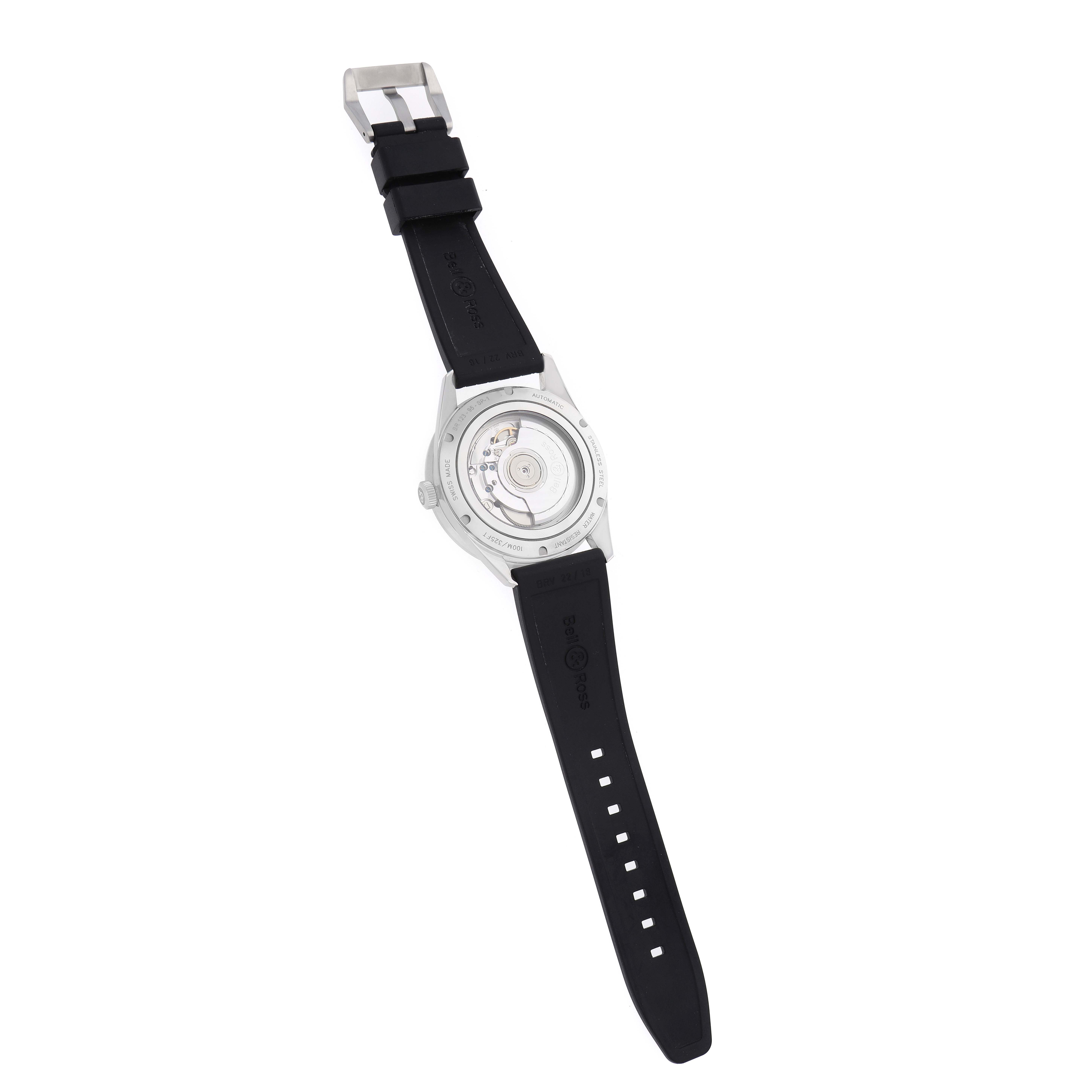 The Bell 
Ross Vintage BR123 Men
s Stainless Steel Black Dial model is shown from the back, displaying the case back and part of the strap.