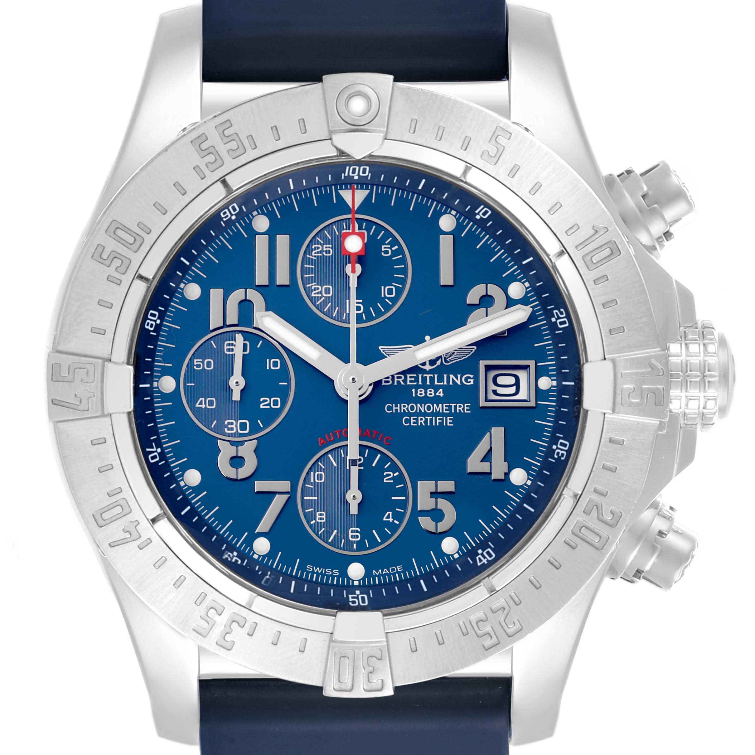The image shows a frontal view of the Breitling Avenger A13380 Men's Stainless Steel Blue Dial A13380 Men's Stainless Steel Blue Dial watch, highlighting the dial, bezel, and pushers.