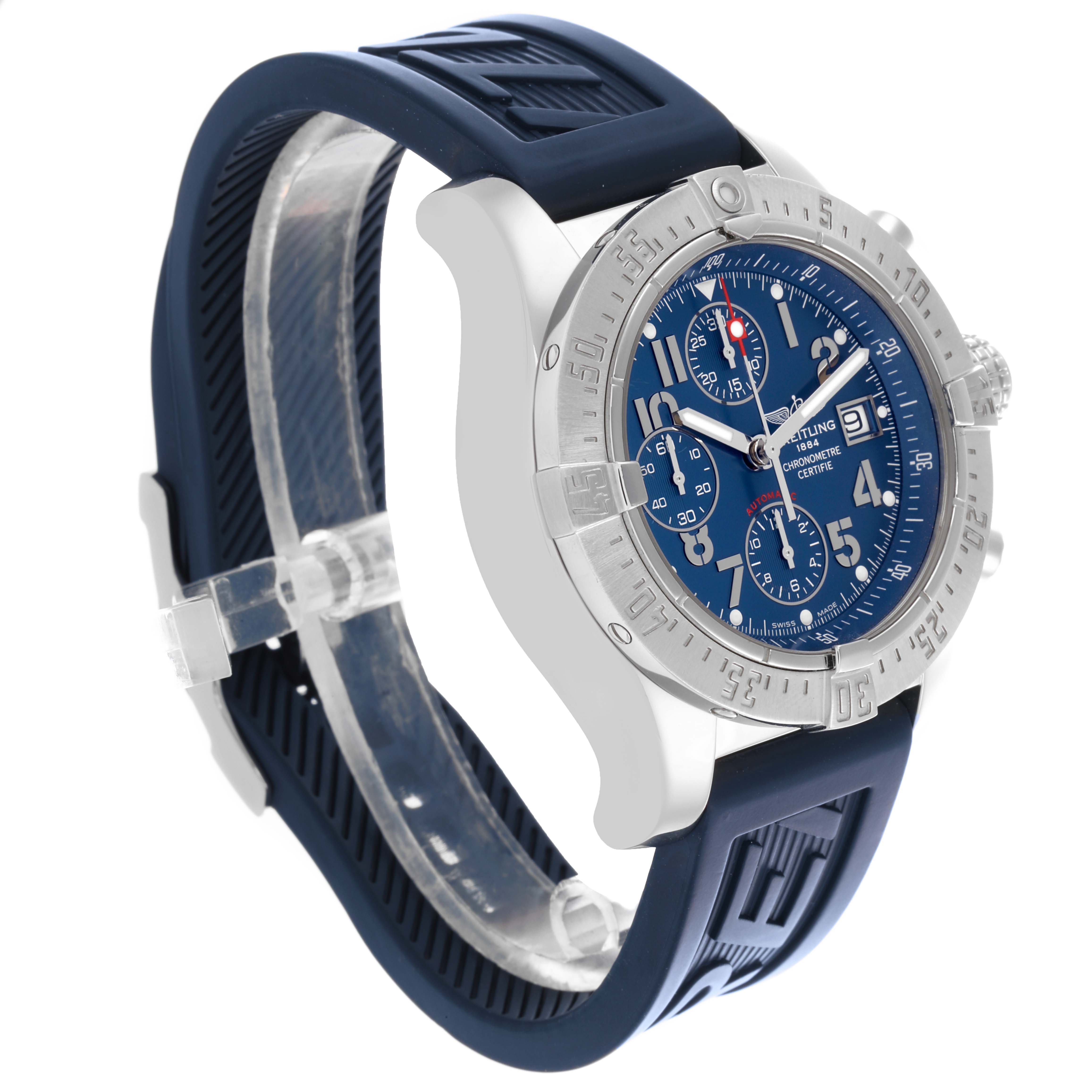 The Breitling Avenger A13380 Men's Stainless Steel Blue Dial A13380 Men's Stainless Steel Blue Dial watch is shown at a three-quarter angle, featuring the bezel, dial, pushers, and strap.