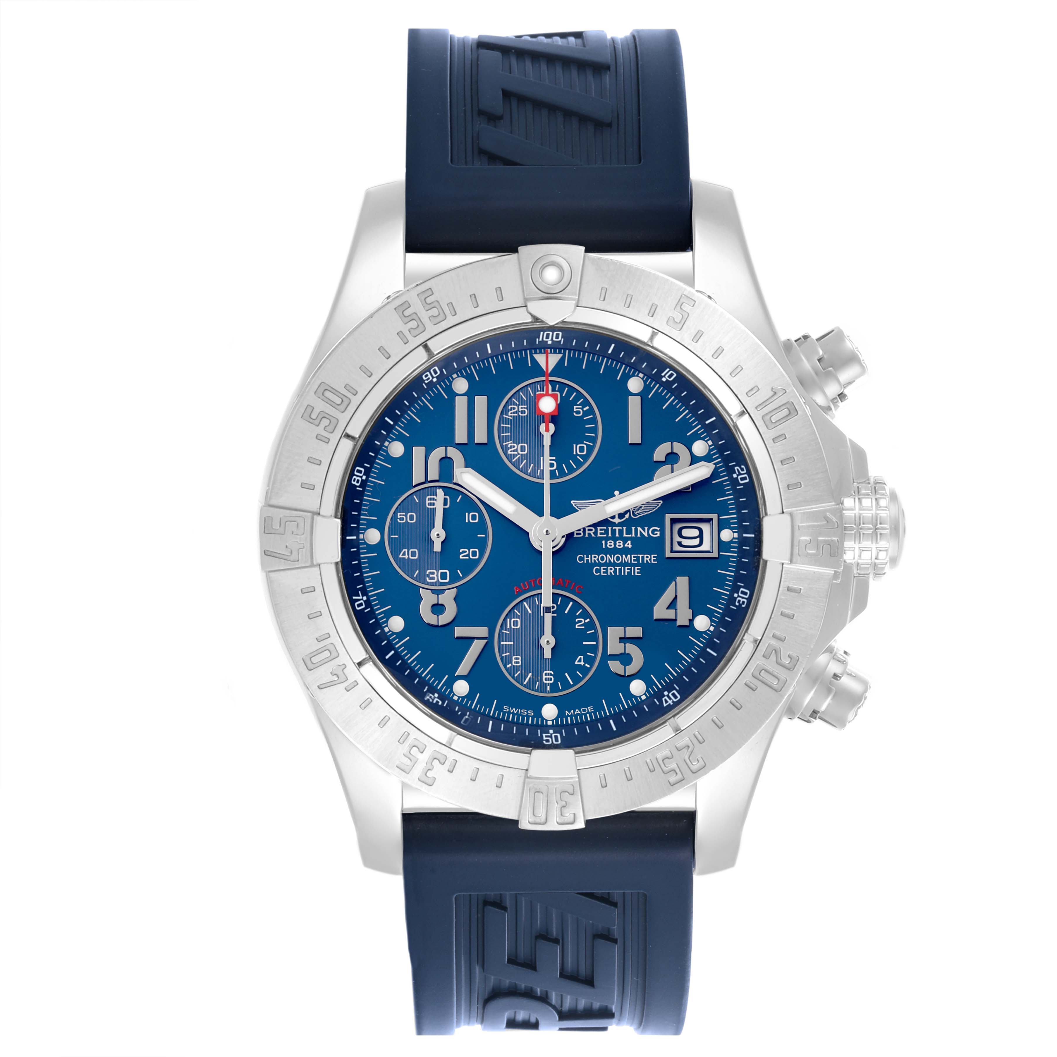 The Breitling Avenger A13380 Men's Stainless Steel Blue Dial A13380 Men's Stainless Steel Blue Dial watch is shown from the front, displaying its dial, bezel, hands, chronograph, and strap.