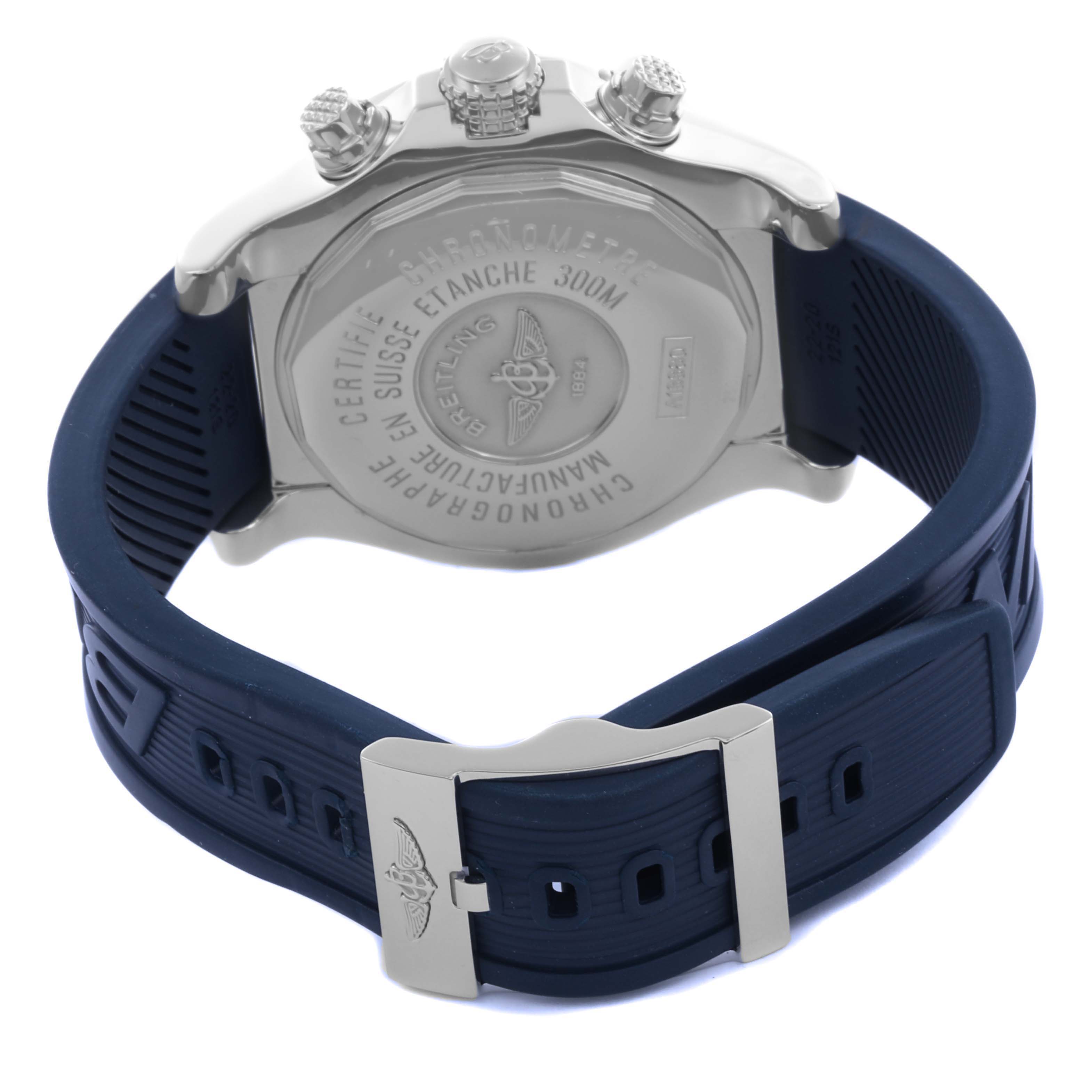 This image shows the back of the Breitling Avenger A13380 Men's Stainless Steel Blue Dial A13380 Men's Stainless Steel Blue Dial watch, highlighting the case back, crown, and rubber strap with buckle.